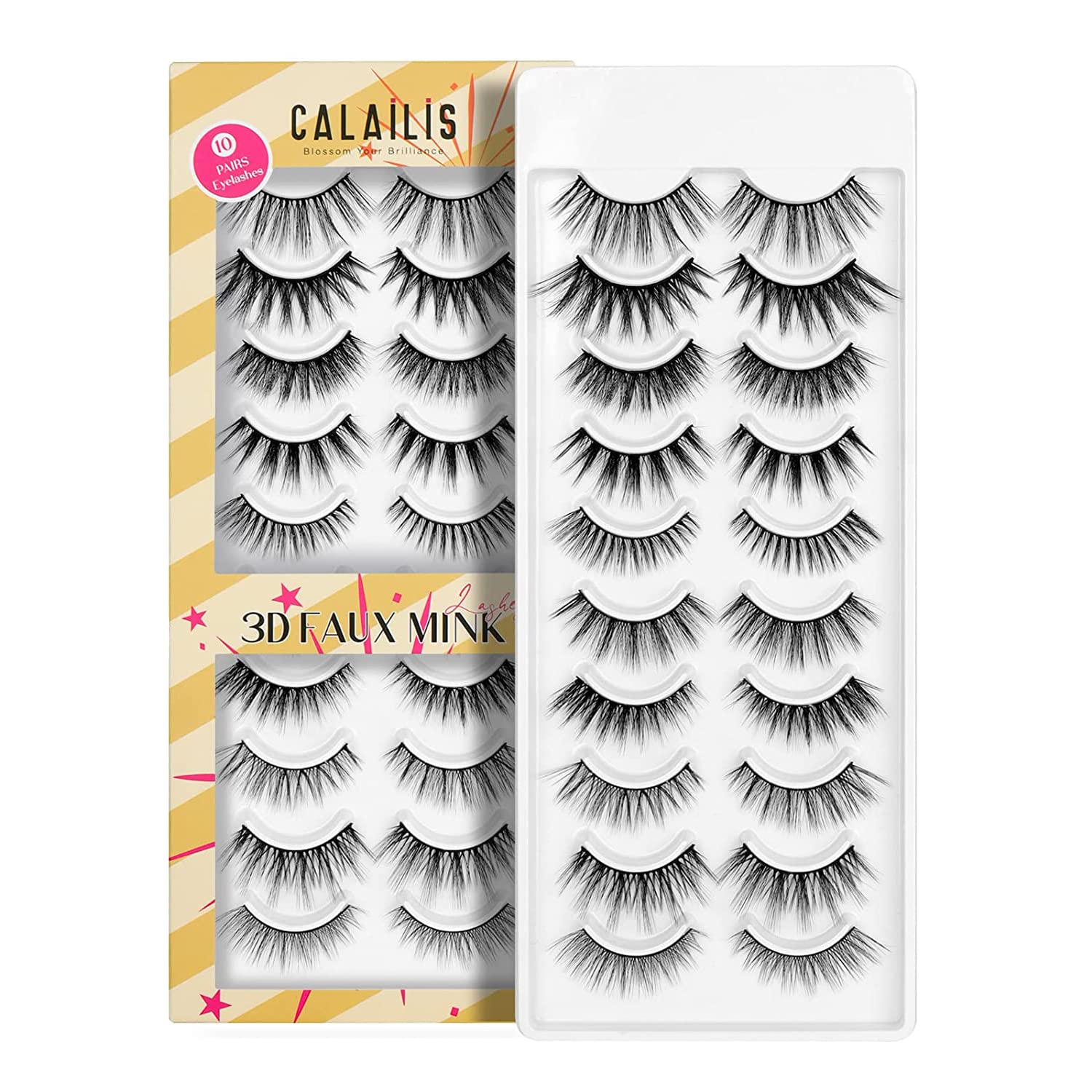 CALAILIS Eyelashes,False Eyelash 3D Faux Mink Fake Eyelash Easy to Apply Reusable Lightweight Soft Eyelashes Wispy Long False Lashes 10 Pairs Lashes with 5g False Eyelash Glue(CH16)
