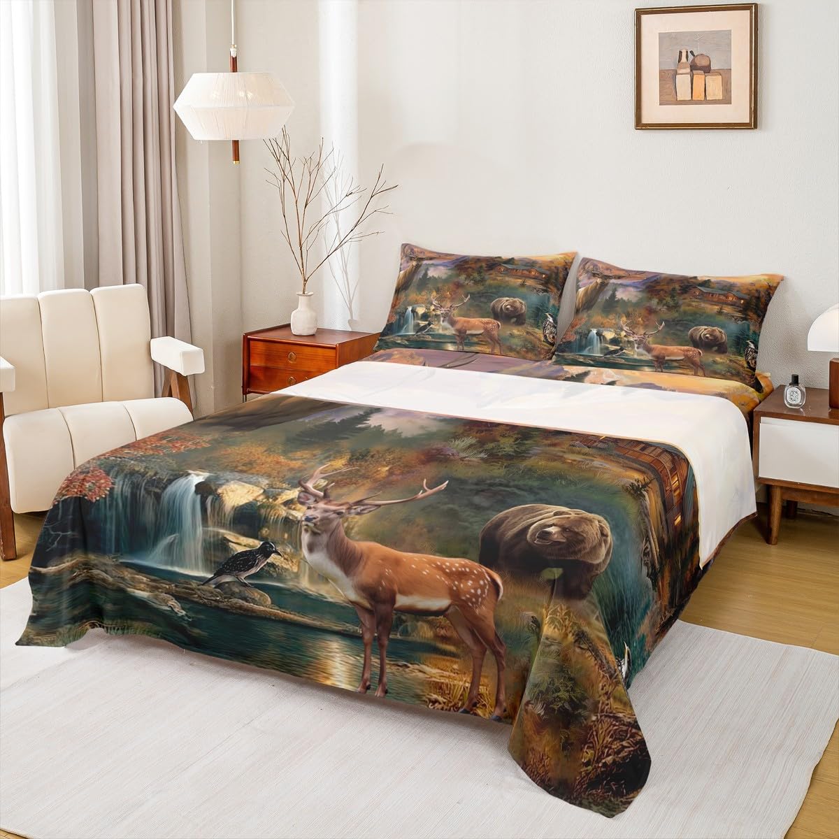 Homewish Juego de sábanas de caza de oso ciervo, tamaño doble, rústico, cabaña, cabaña, granja, bosque, animales, juego de sábanas de 4 piezas