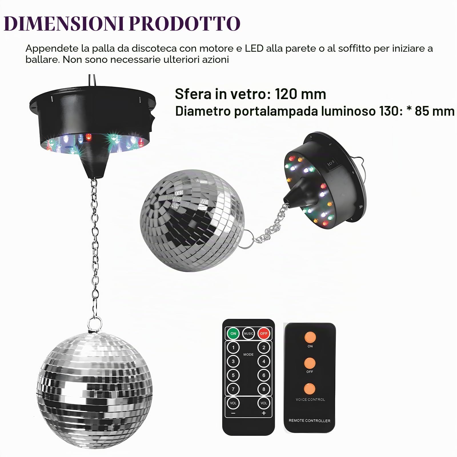 Sfera da discoteca 12 cm con motore e LED, Sfera a specchi rotante con 18 perline LED, alimentata a batteria, palla da discoteca con occhiello metallico, decorazione palla da discoteca per feste