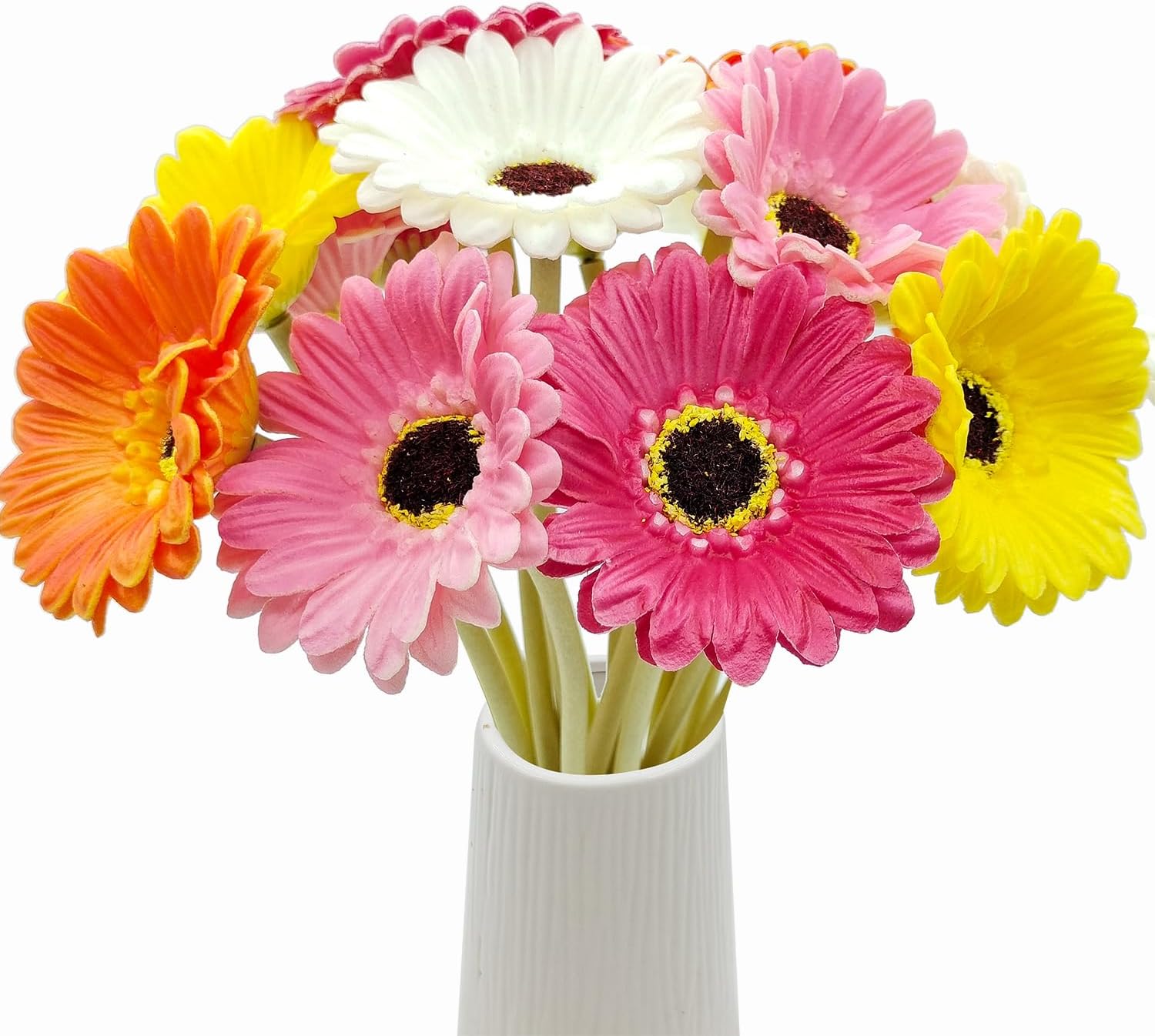 15 Pcs Artificial Gebera Daisies Flowers Fake Daisy Real Touch PU Faux Flowers Bouquet for Indoor Home Arrangements Vase Wedding Party Table Centerpiece DIY Floral Decor