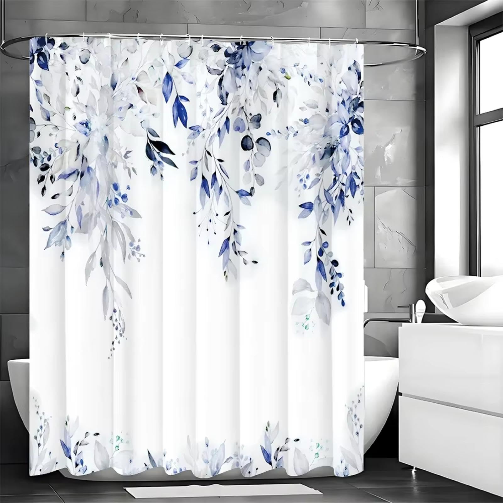 Eukalyptusblatt Blau Duschvorhang 270x220cm/Breite x Höhe Dekorativer Duschvorhang fürs Badezimmer, wasserdichte Badevorhänge mit Haken