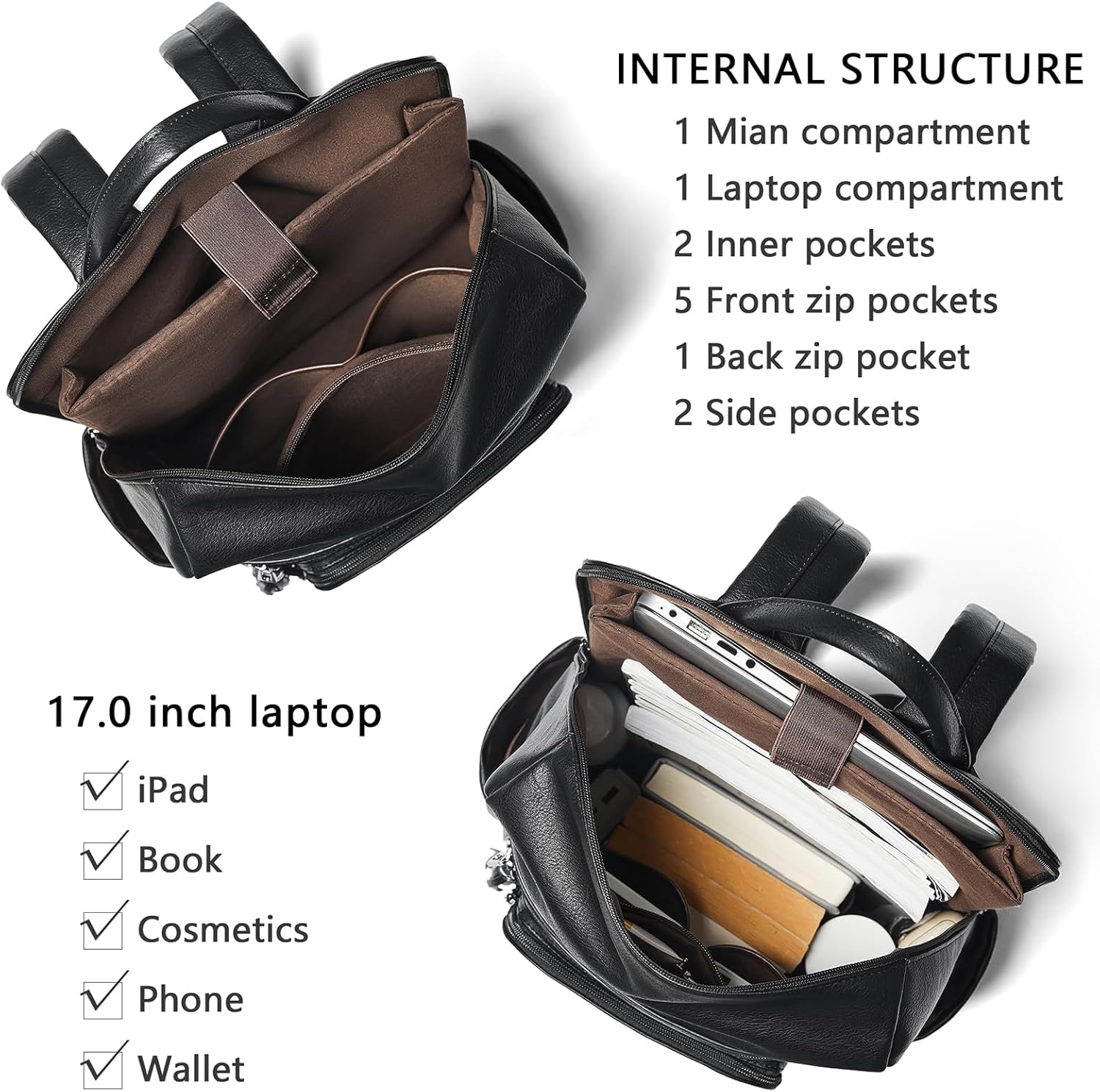 Shrrie Upgraded Large Travel Laptop Backpack with Laptop Compartmetn Fits 17 inch Laptop,Waterproof Vegan Leather Computer Backpack for Women and Men Work Business College - Image 4