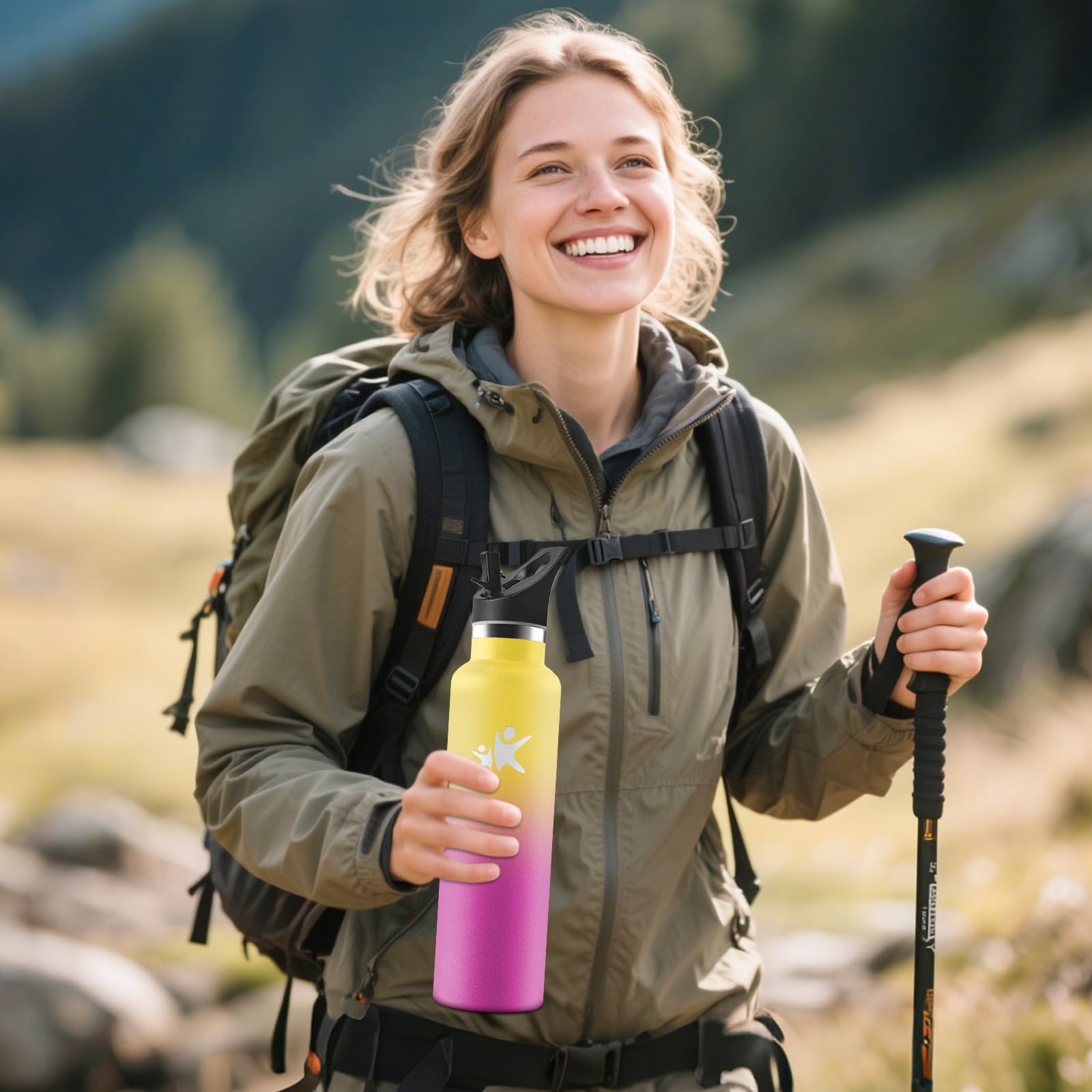 Motswedi Borraccia Termica 1 litro, Acciaio Inox Bottiglia Termica, Isolamento Sottovuoto a Doppia Parete, per Acqua Fredda e Calda, Borraccia 1 litro, per Sport, Yoga, Palestra, Giallo &Rosso rosato