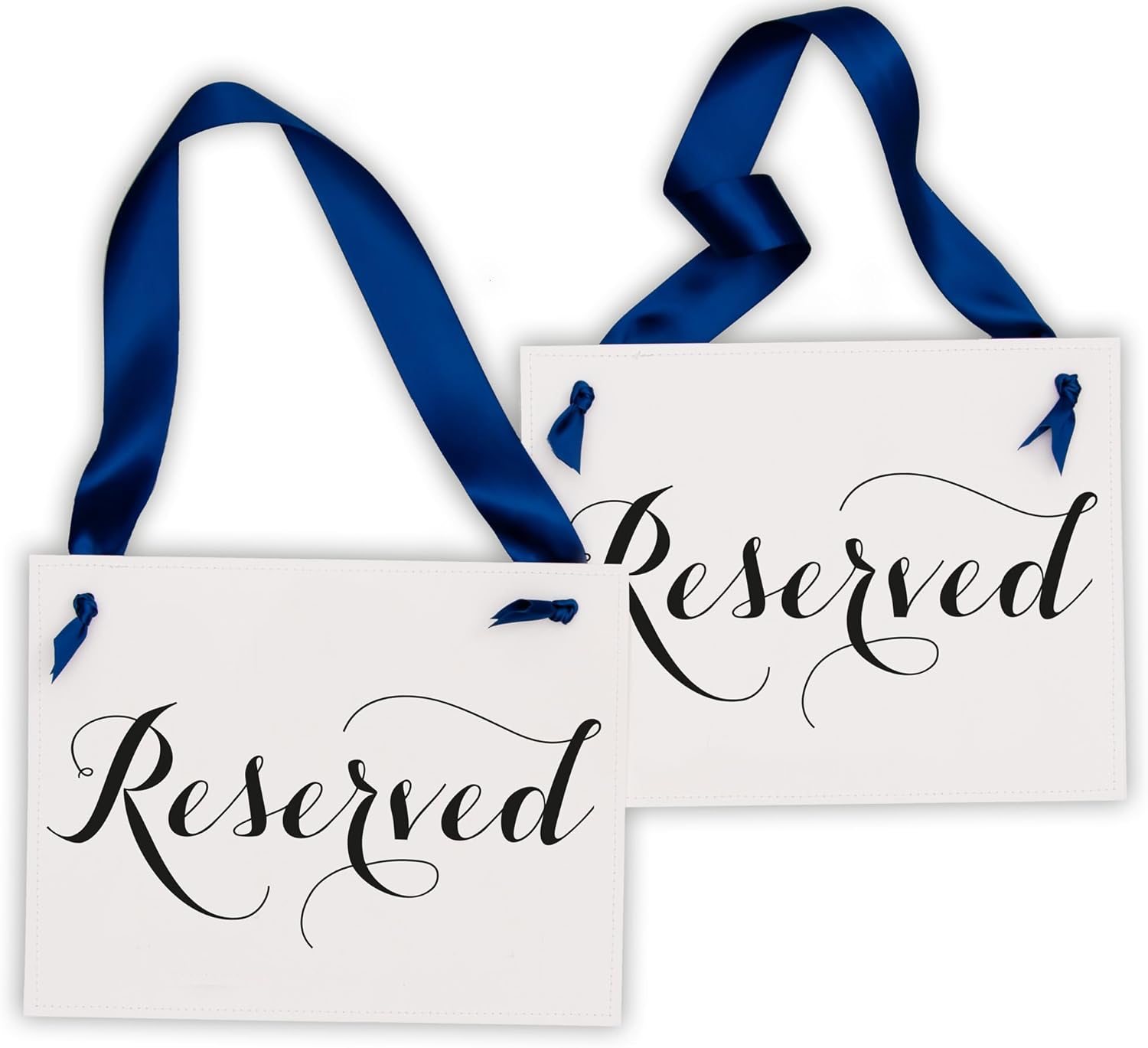 Ritzy Rose 2 Reserved Chair Signs for Wedding Ceremony, Reception or Event Seating Arrangement for Family or VIPs - 11x8.5 in Decorative Sign Black Font on Ivory Linen Cardstock Paper with Blue Satin Ribbon