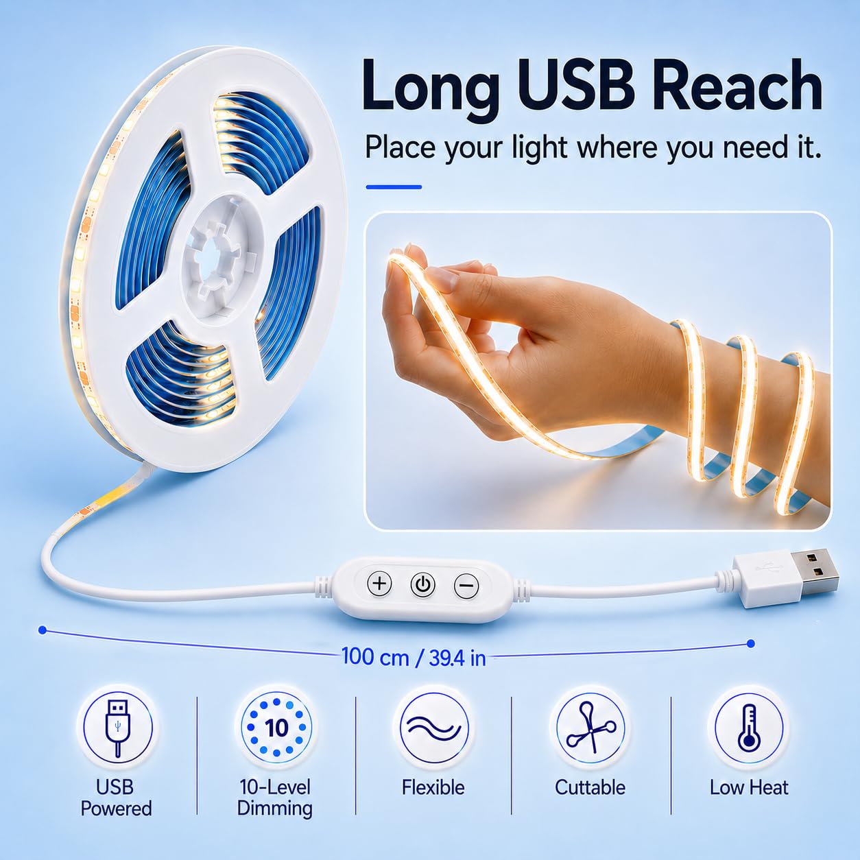 Taśma LED COB USB 3 m, 5V Barwa Ciepła Biel 2700K z Samoprzylepną Warstwą, 320 Diod LED/m z Możliwością ściemniania, do Oświetlenia Otoczenia Telewizora, Lustra, Szafki Podblatowej, Półki