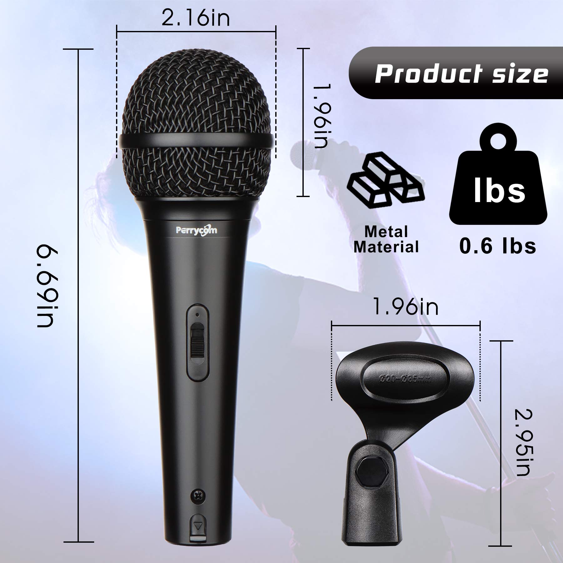 Perrycom Micrófono Vocal dinámico y de Instrumento para Karaoke con Interruptor de Encendido/Apagado, micrófono estándar, cardioide Negro (MXD5)