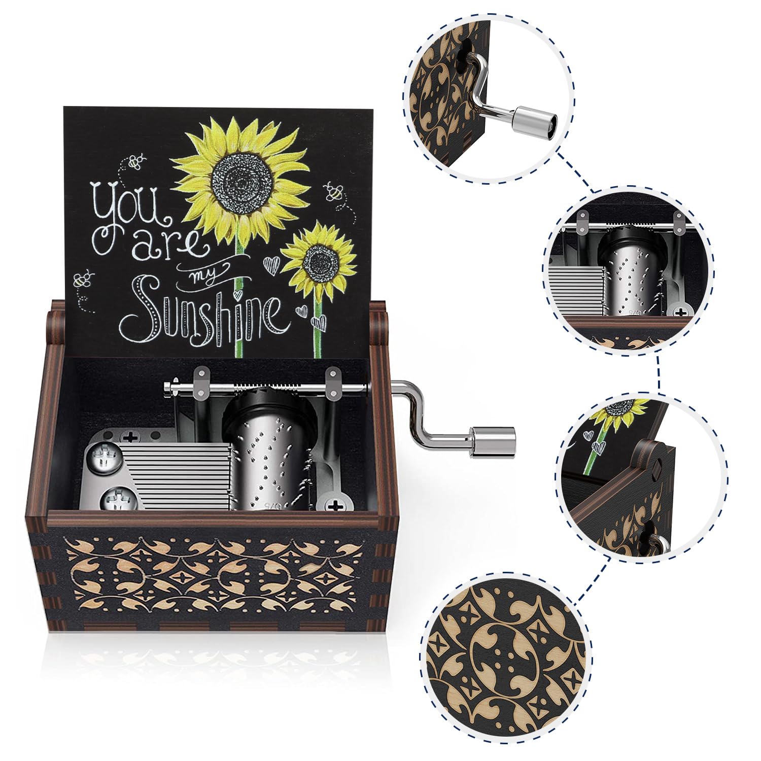 Boîte à Musique Antique Bois Gravée "You Are My Sunshine" - Cadeau Romantique Noir