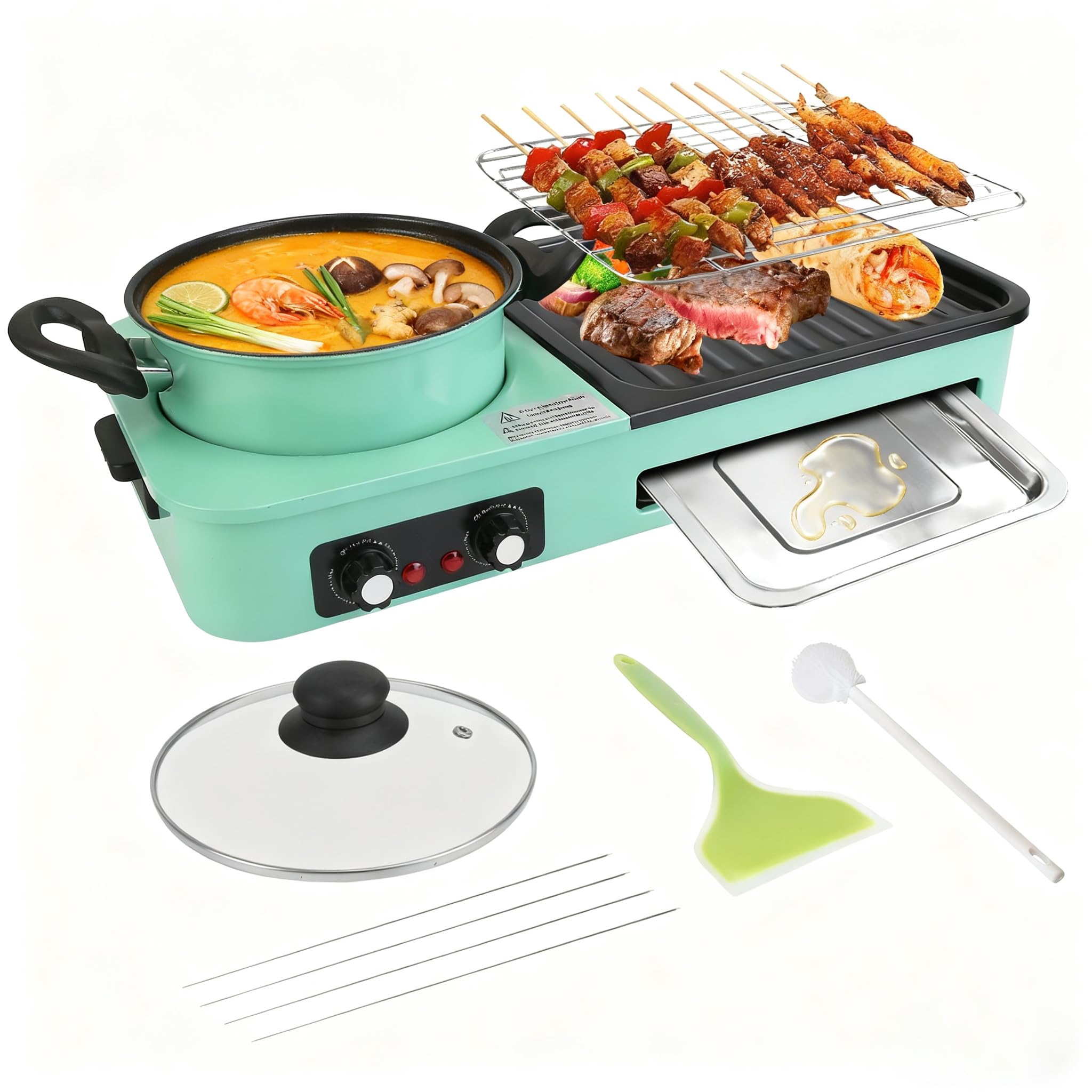 View 1 of 3 in 1 Electric Hot Pot with Grill Smokeless Non-Stick Pot and Griddle for Korean BBQ Grill Shabu Shabu Pot Divider Independent Dual Temperature Control for 3-5 People?1600W?