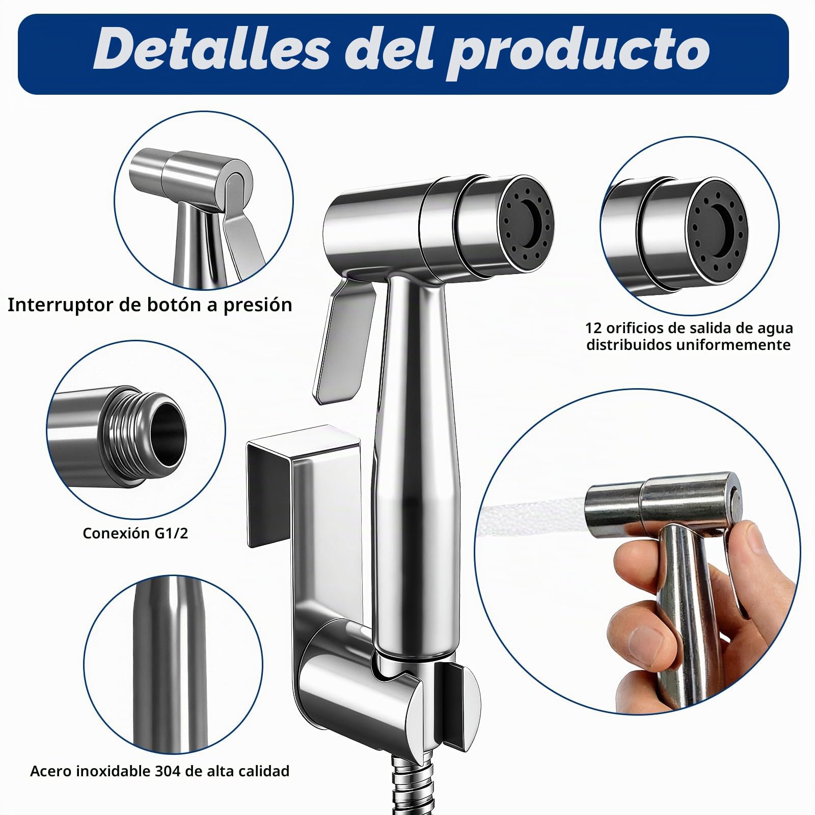 Set de Ducha Bidé de Mano, Pulverizador de Bidé de Mano con Válvula en T G1/2" y Adaptador de Inodoro G3/8", Manguera de 150 cm, Cabezal de Ducha para Pañales y Baño de Mascotas