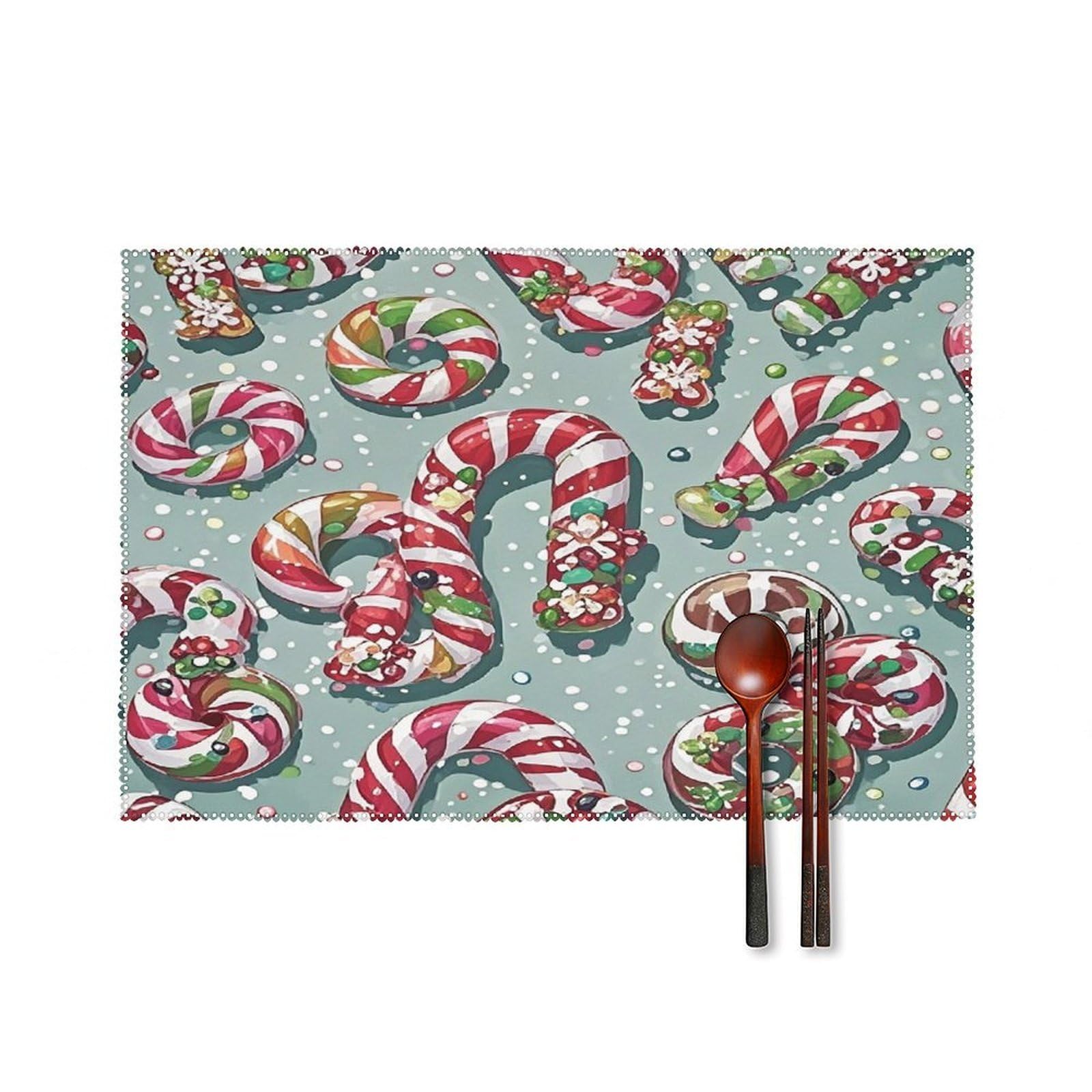 Christmas Candies Placemats Set of 6 Heat-Resistant Washable Place Mats Wipeable Kitchen Placemat Easy to Clean for Indoor Outdoor Party Kitchen Decoration