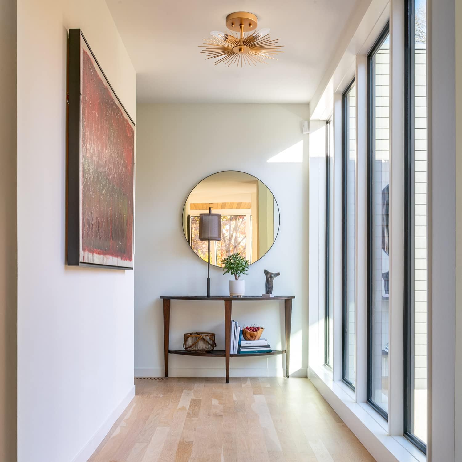 VILUXY Gold Flush Mount Ceiling Light, Modern Brass Sputnik Starburst Semi Light Fixture Small 12.6" for Hallway Entryway Closet Kitchen