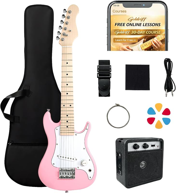 30in Kids Electric Guitar Starter Kit for Beginners, Mini Electric Guitar with 5W Amp, Gig Bag, Strap, Extra Strings, Cable, 6 Picks, Clean Cloth and Free Online Lessons (Pink)