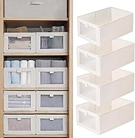 Pradnel 4-Pack Linen Closet Organizers with Clear Window - Foldable Storage Bins for Clothes, Jeans, Shelves (16x11x7")