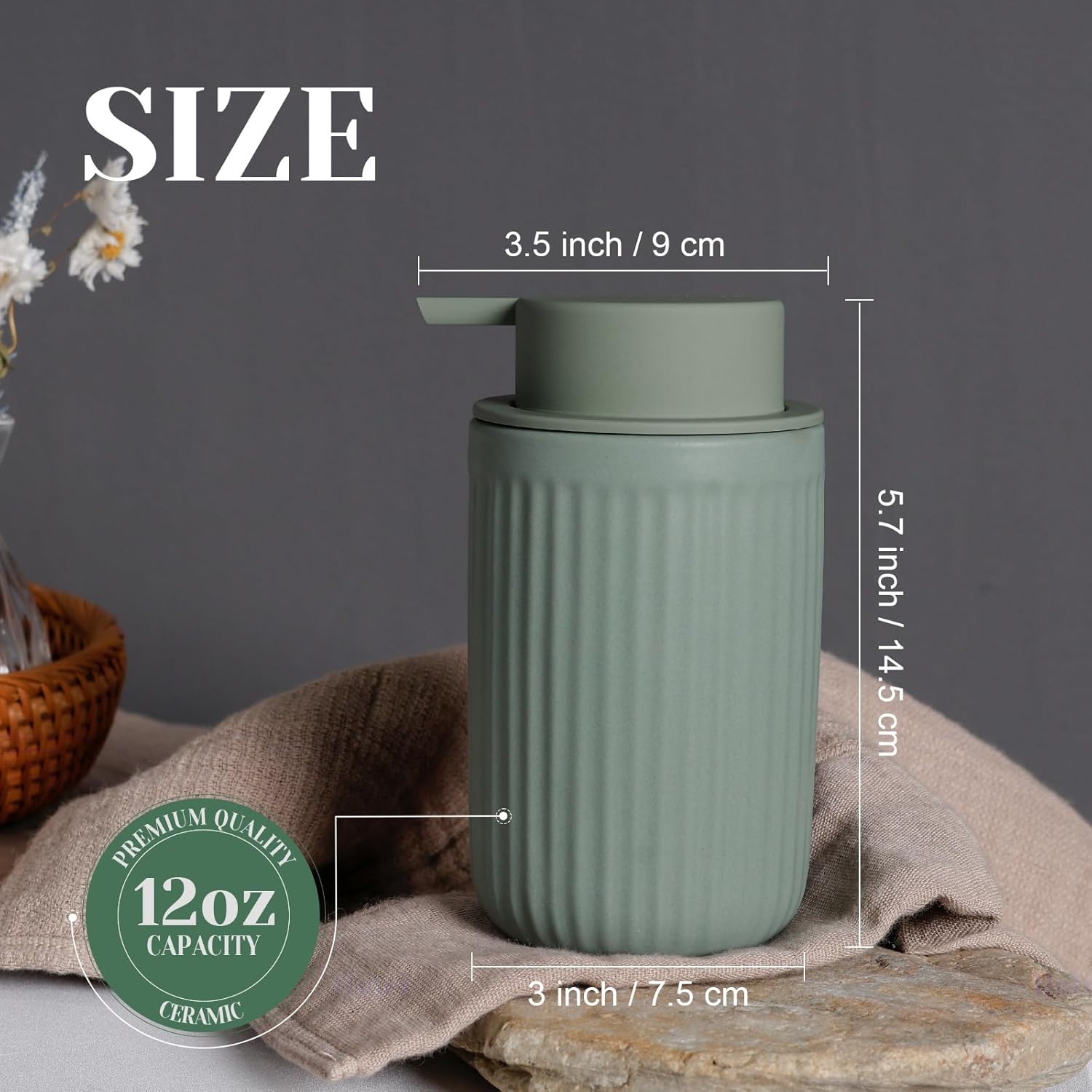 INGOFIN Ceramic Lotion Dispenser - 12oz Refillable Hand Soap Dispenser Bathroom, Modern Liquid Soap Dispenser with Pump, Dish Dispenser for Kitchen, Sage Green - Image 2