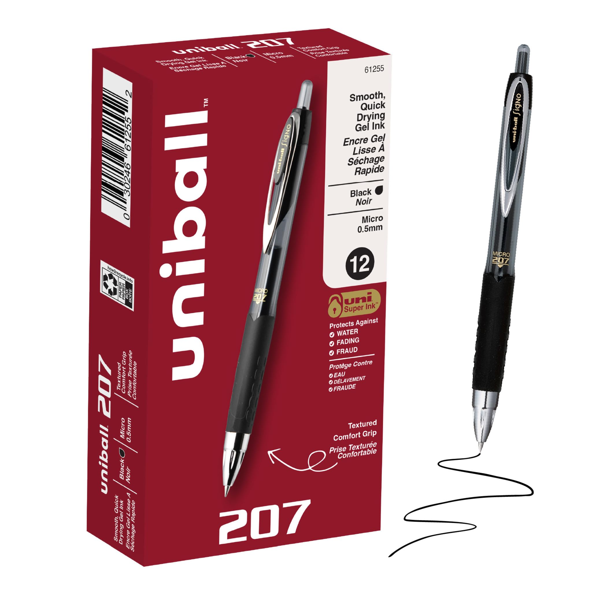 uniball™ 207 Gel Pens, Black Ink, 0.5mm Micro Point, Retractable, 12 Count
