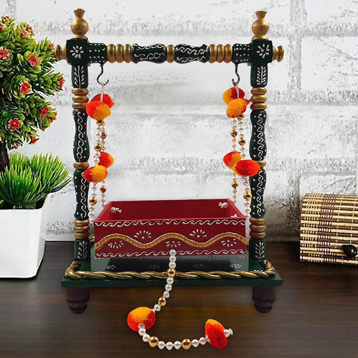 Jhula pour Laddu Gopal : balançoire en bois artisanale pour grand autel Pooja