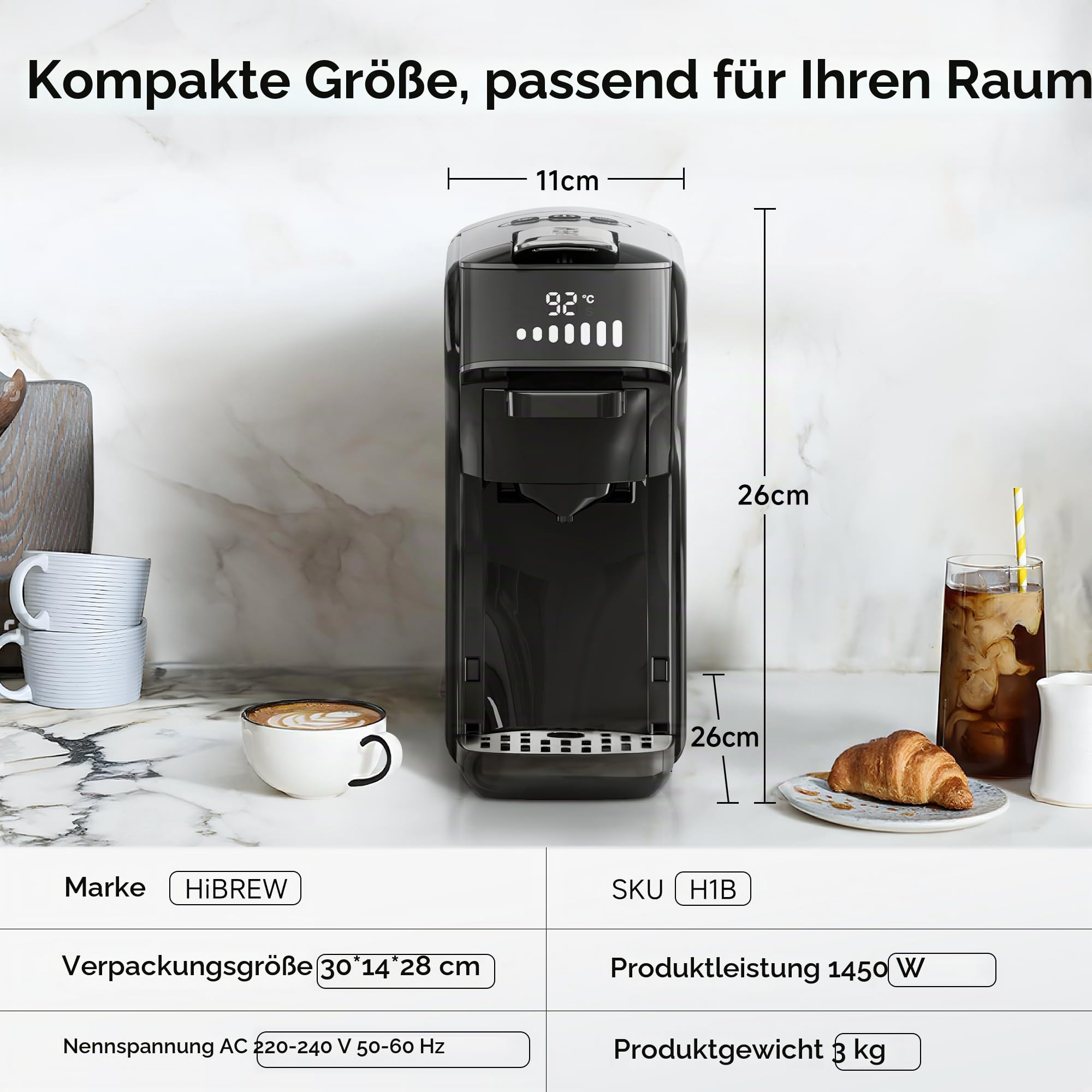 HIBREW H1B 6-in-1 Kapselkaffeemaschine, 20 Bar Kompakte Espressomaschine | Kompatibel mit Ns*/DG*/Es*/Kcup* & Gemahlenem Kaffee, Einstellbare Temperatur & Füllmenge, Heiß- & Kaltbrühfunktion