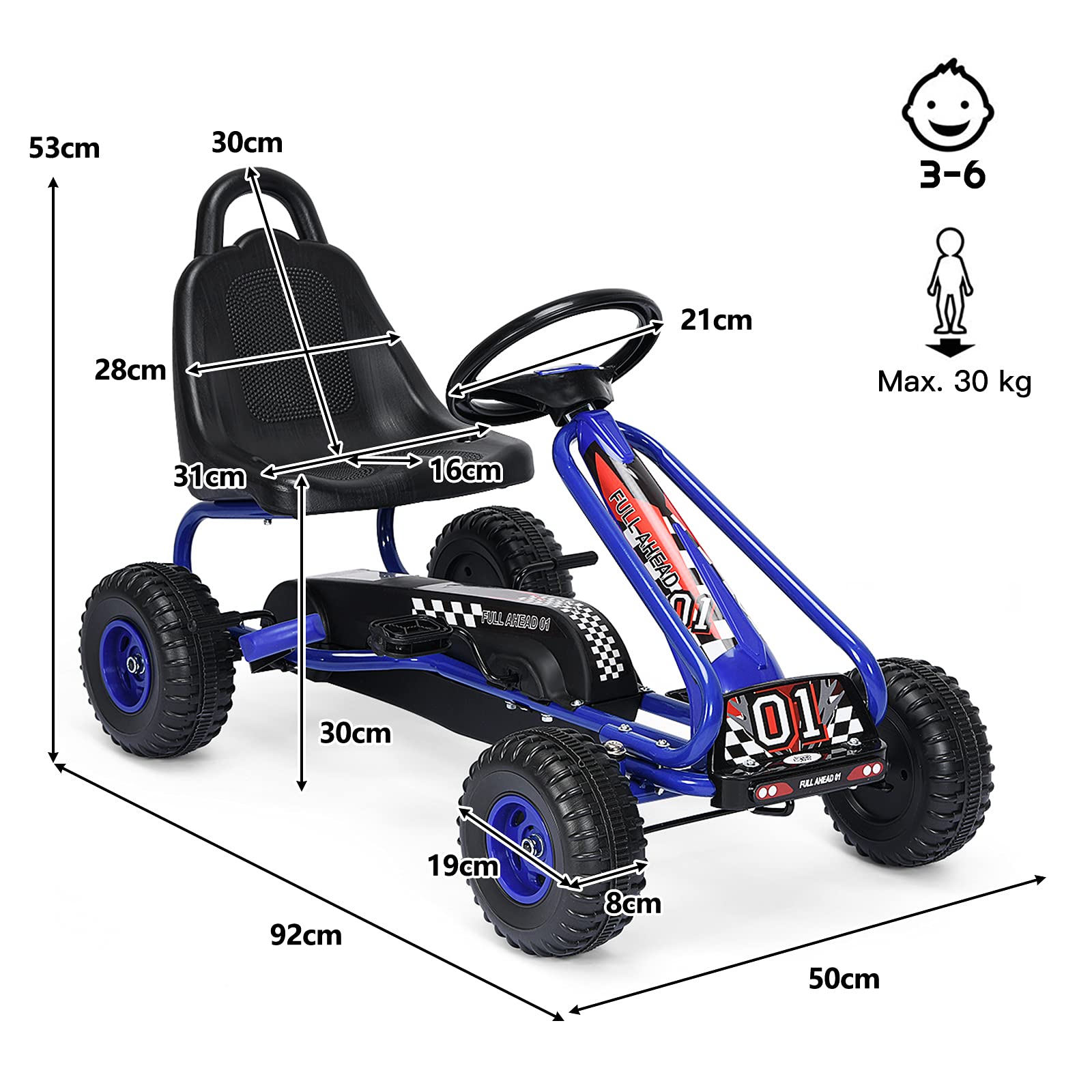 RELAX4LIFE Kinder Gokart mit Handbremse & verstellbarem Sitz, Tretauto mit Pedalen, Tretfahrzeug bis 30 kg belastbar, Kinderfahrzeug vor- & rückwärts fahrbar, Go Cart für Kinder von 3-6 Jahren (Blau)