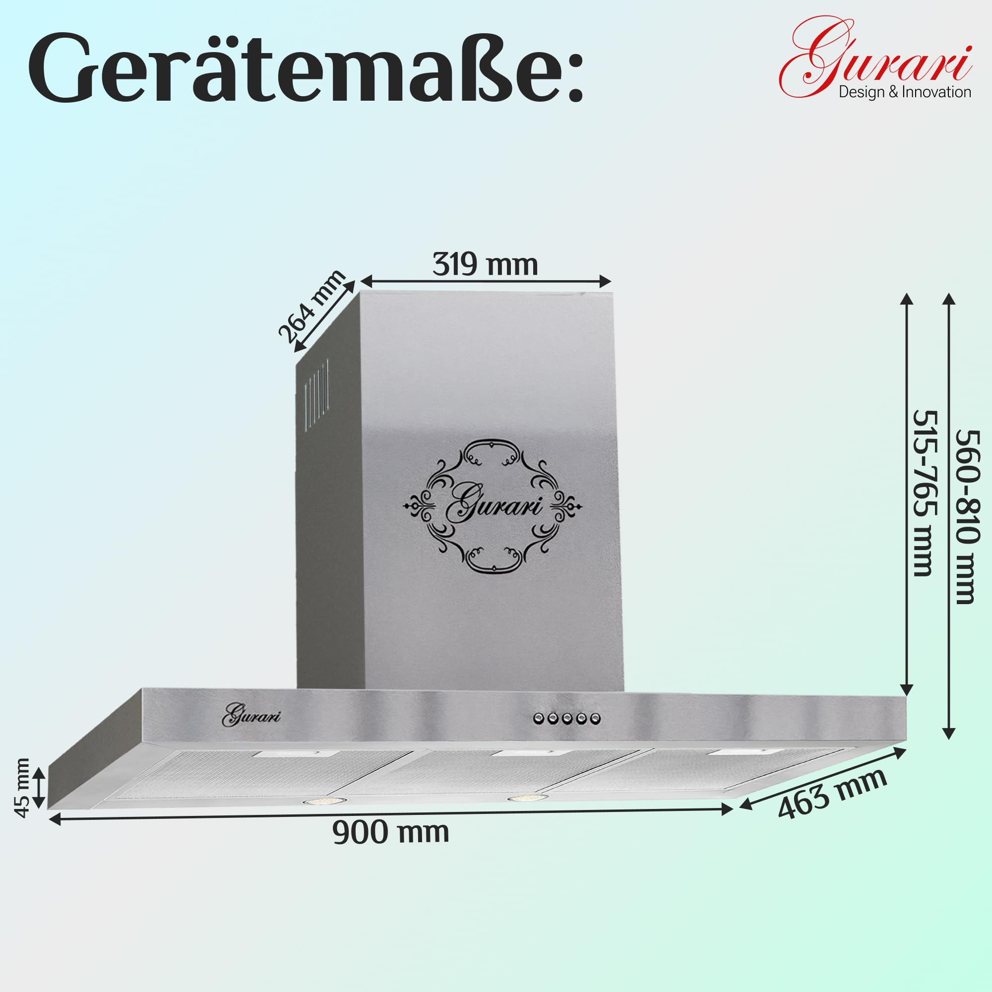 GURARI Dunstabzugshaube 90 cm GCH F 461 IS 9 • Edelstahl Wandhaube • 1000 m³/h Motor • Sehr Saugstark & Leise • 3 Leistungsstufen • Abluft/Umluft Kaminhaube Küche