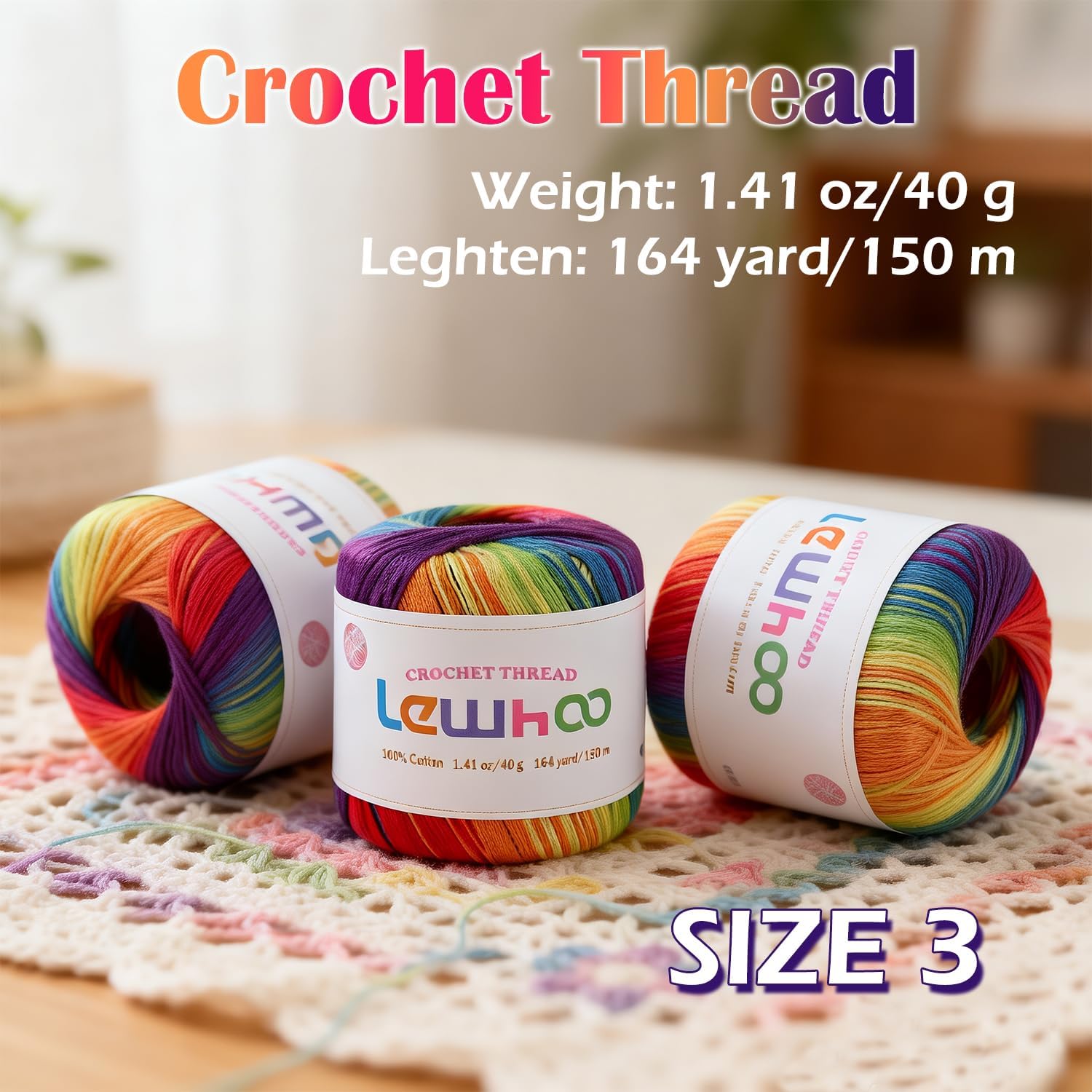 Crochet Thread Size 3, 3 Pack 100% Cotton Lace Yarn Set, 40g Balls Yarn for Hand Knitting Rainbow