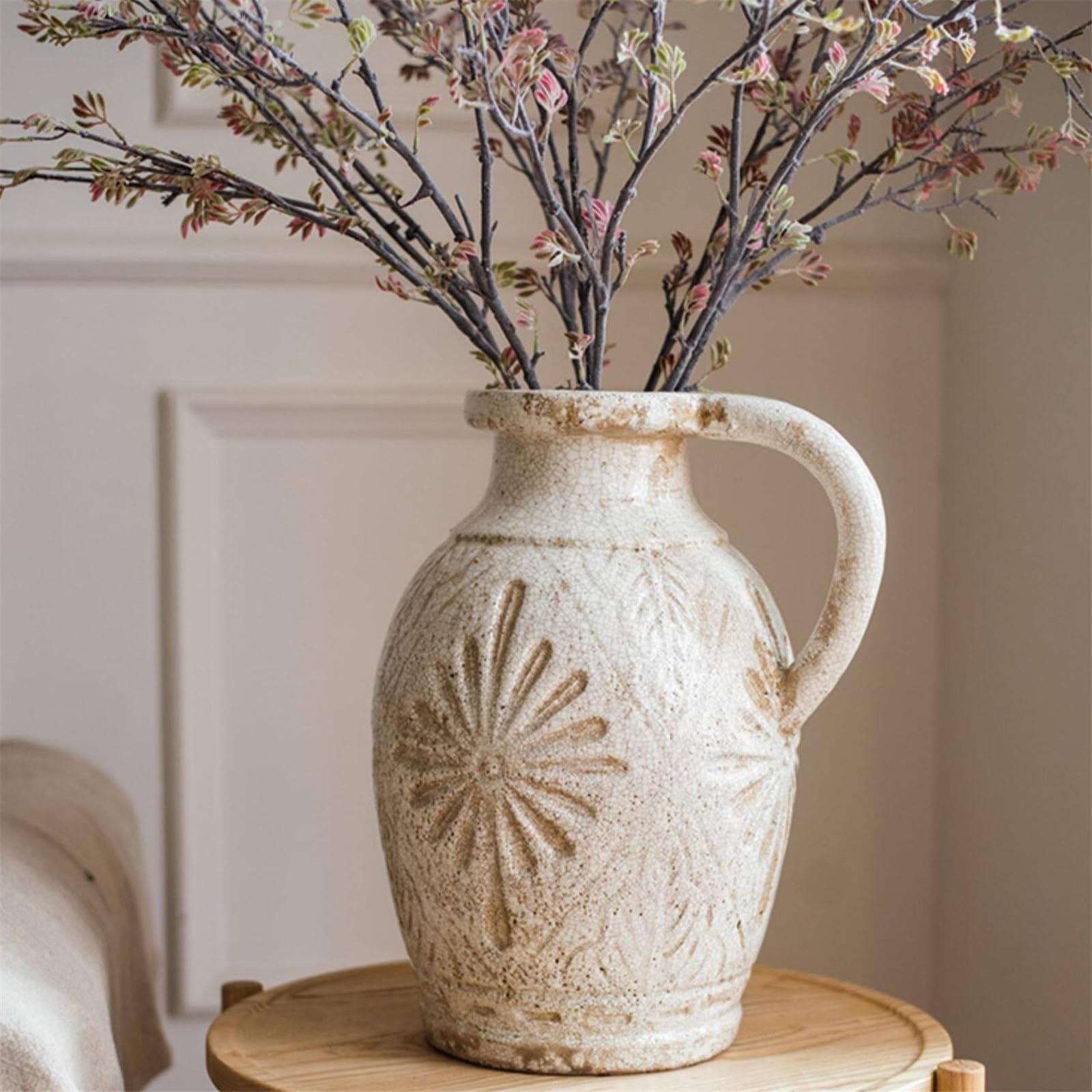wazon z kwiatami Duże rustykalne ceramiczne wazony z dzbankiem 42,5 cm z wytłoczonym wzorem Stół jadalny
