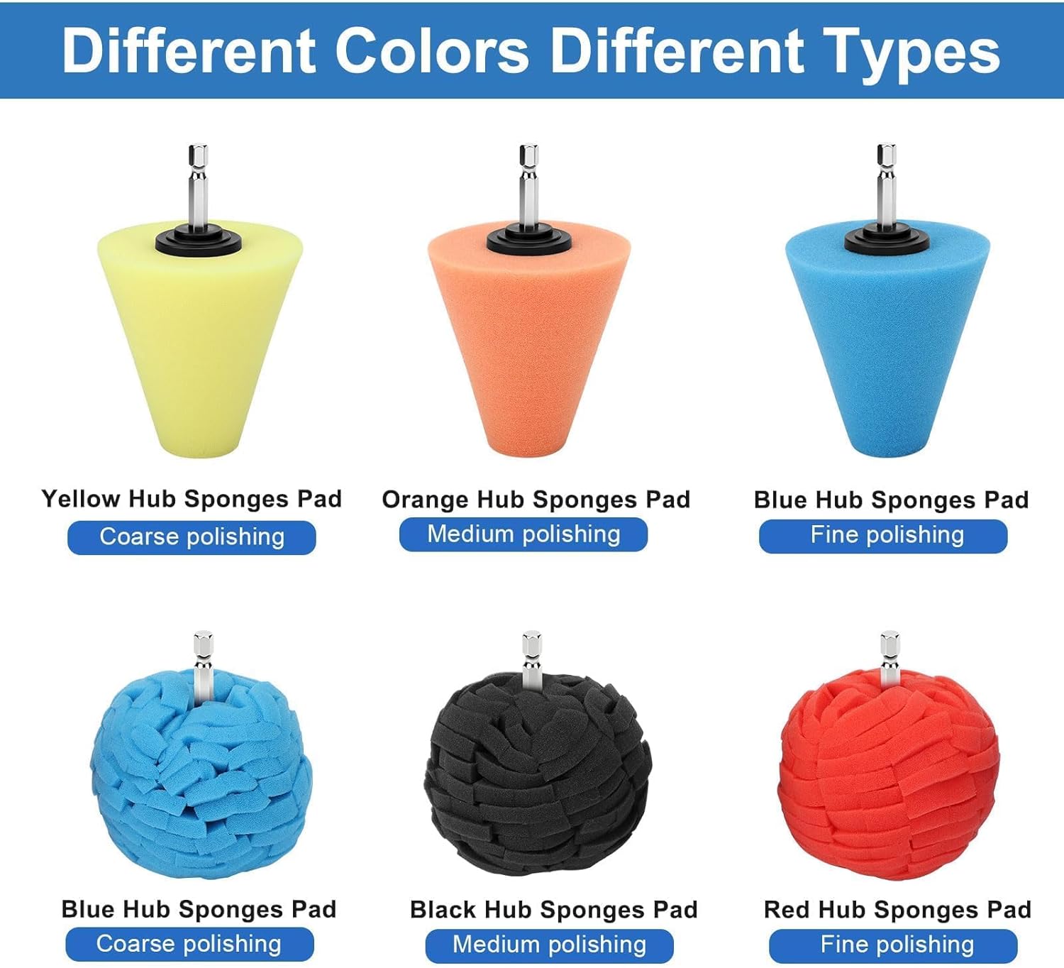 Linkstyle Drill Polishing Pads Kit: 8Pcs Foam Polishing Cone & Ball Set with Extension Holder & Brush, 1/4" Hex Drill Attachment for Car Wheel Hub Rim Metal