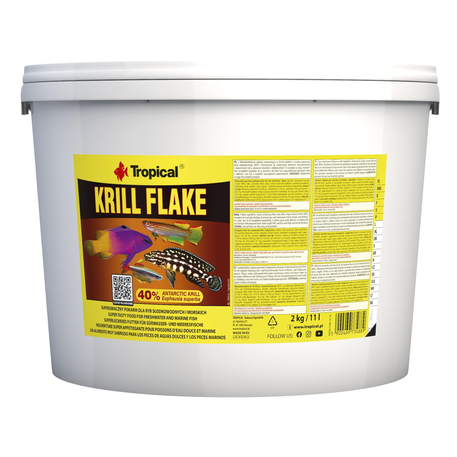 KRILL Flake 11L / 2kg - Un alimento Muy Sabroso para los Peces de Aguas Dulces y los Peces Marinos
