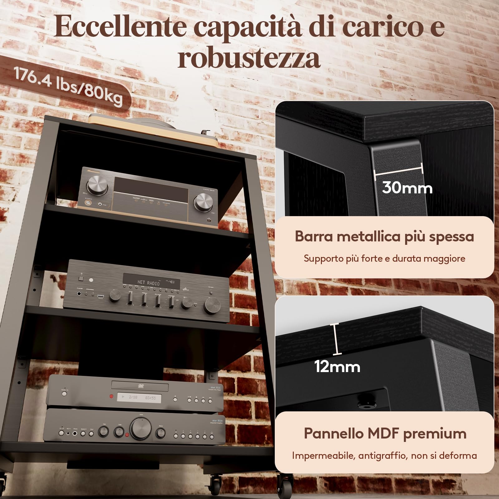 Lifewit Mobile Giradischi con 4 Ripiani, Mobile Hifi con Prese Elettriche e Luci a LED per Mobiletto Stereo Pergiradischi, Vinili Vintage, Casse Giradischi, 60 x 55 x 90 cm, Nero