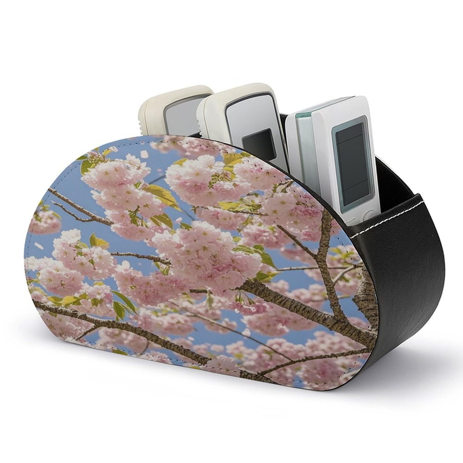 FekiLoot Cherry Blossom TV Remote Control Holder with 5 Compartments Multi-functional Leather Bedside Table Remote Caddy Desktop Storage Box for Store Pen Controller Media Player Cosmetic