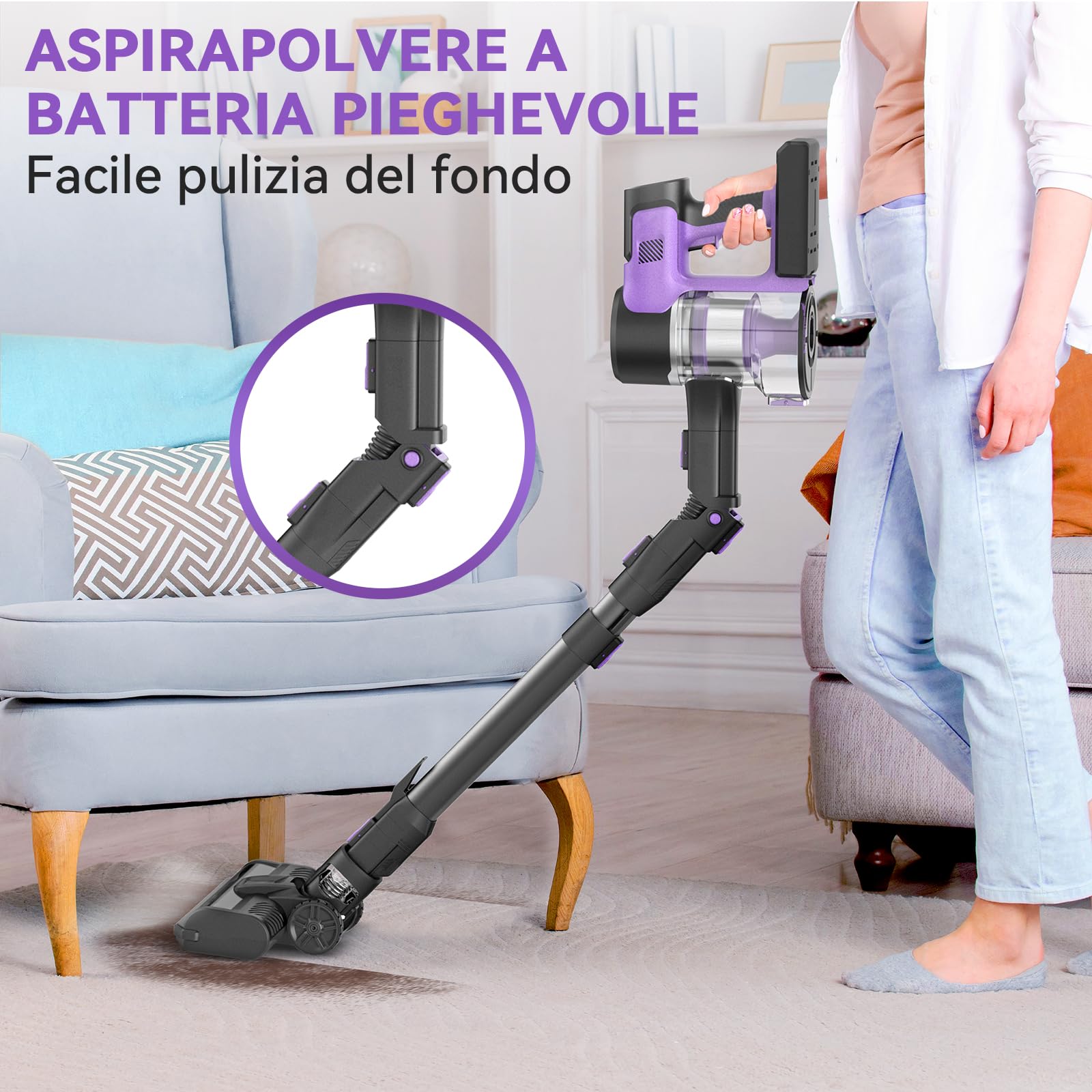 Aspirapolvere Senza Fili Potente 45kPa,Scopa elettrica a Batteria Senza Sacco, Rimovibile Batteria 50min,Multi-filtraggio, LED luci, 1,2L, Pieghevole Tubo Metallico