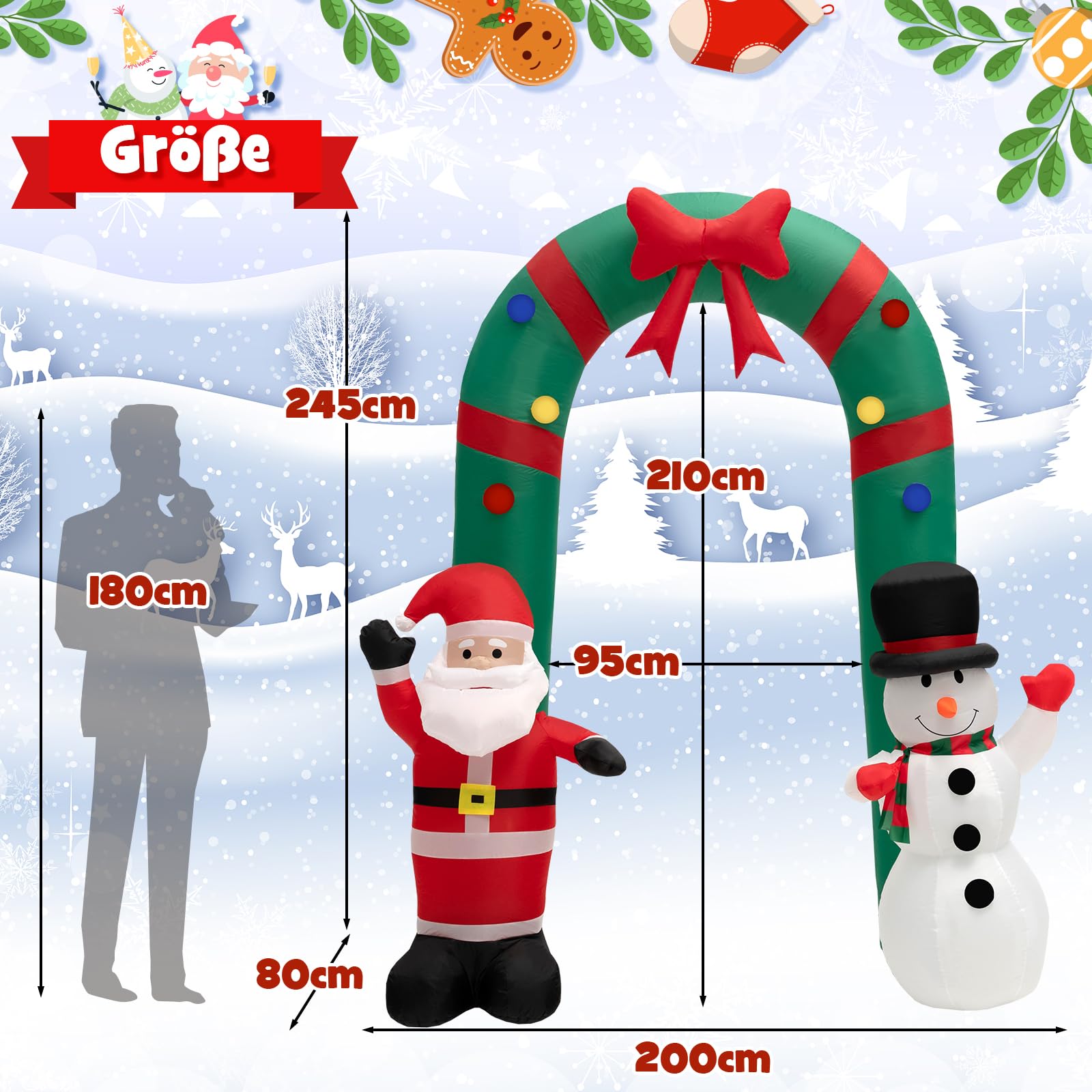 COSTWAY aufblasbarer Weihnachtsbogen 245cm, LED Weihnachtsdekoration mit Weihnachtsmann & Schneemann, Weihnachtsdeko Outdoor, Weihnachtsbeleuchtung für Garten, Hof, Terrasse, selbstaufblasend