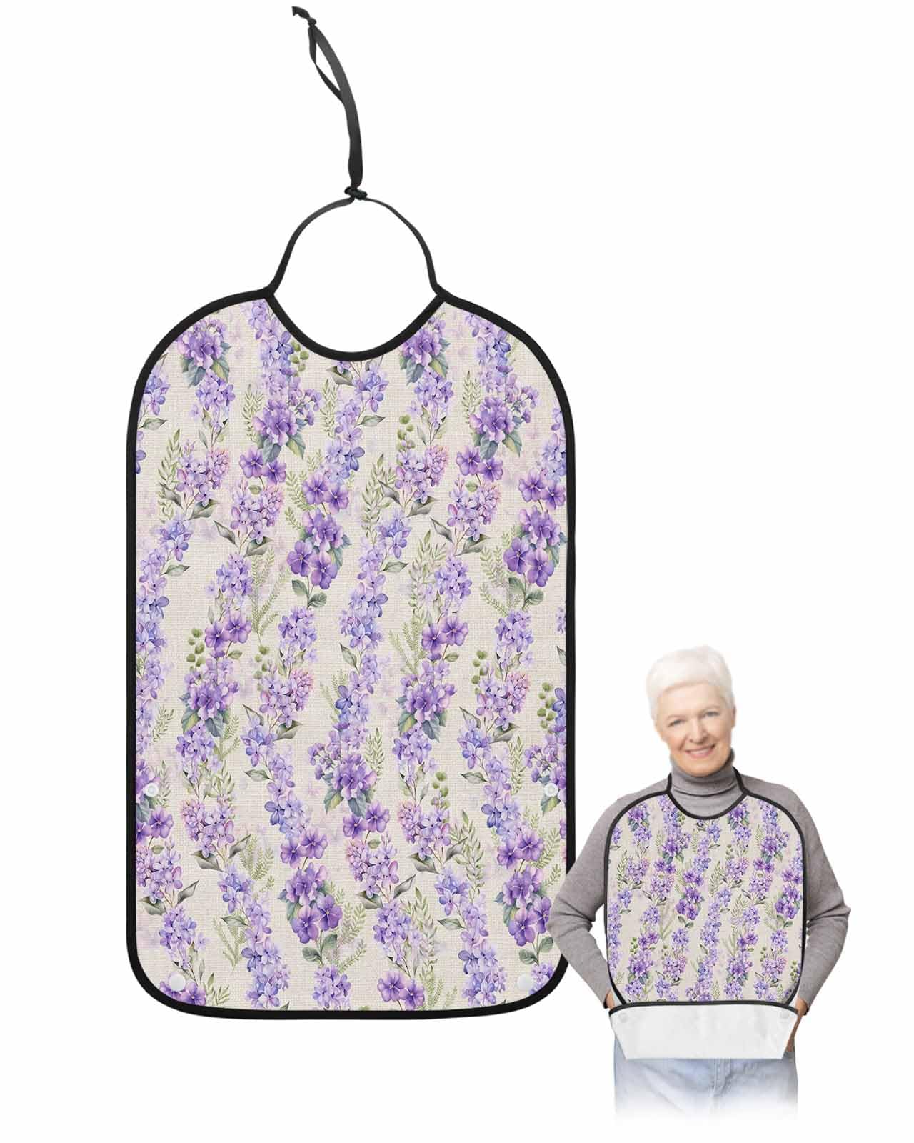 LEOKOTI Purple Spring Floral Adult Bibs for Eating, Waterproof Bibs with Food Catcher & Adjustable Snap Closure, Watercolor Summer Botanical Rustic Washable Clothing Protectors Adult Bibs for Elderly