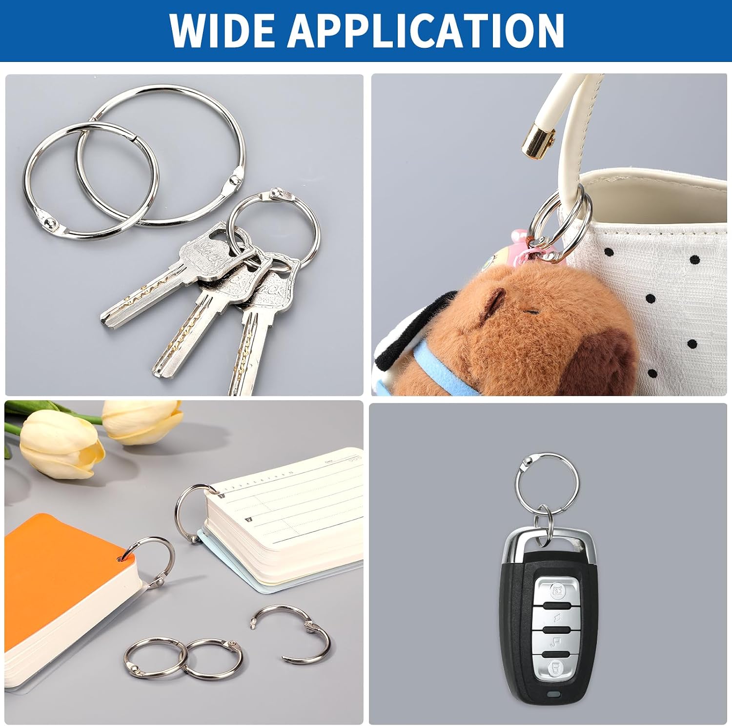 65 Pcs Binder Rings Assorted Sizes (1, 1.5 & 2 inch) - Nickel Plated Silver Metal Book Rings for Index Cards, Keychains, Loose Leaf Paper, Heavy Duty Binder Clips image 3
