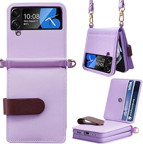 Vizvera Funda para Samsung Galaxy Z Flip 4 con correa, funda de bolso con ranura para tarjeta desmontable, cartera de cuero antiarañazos, cuerpo