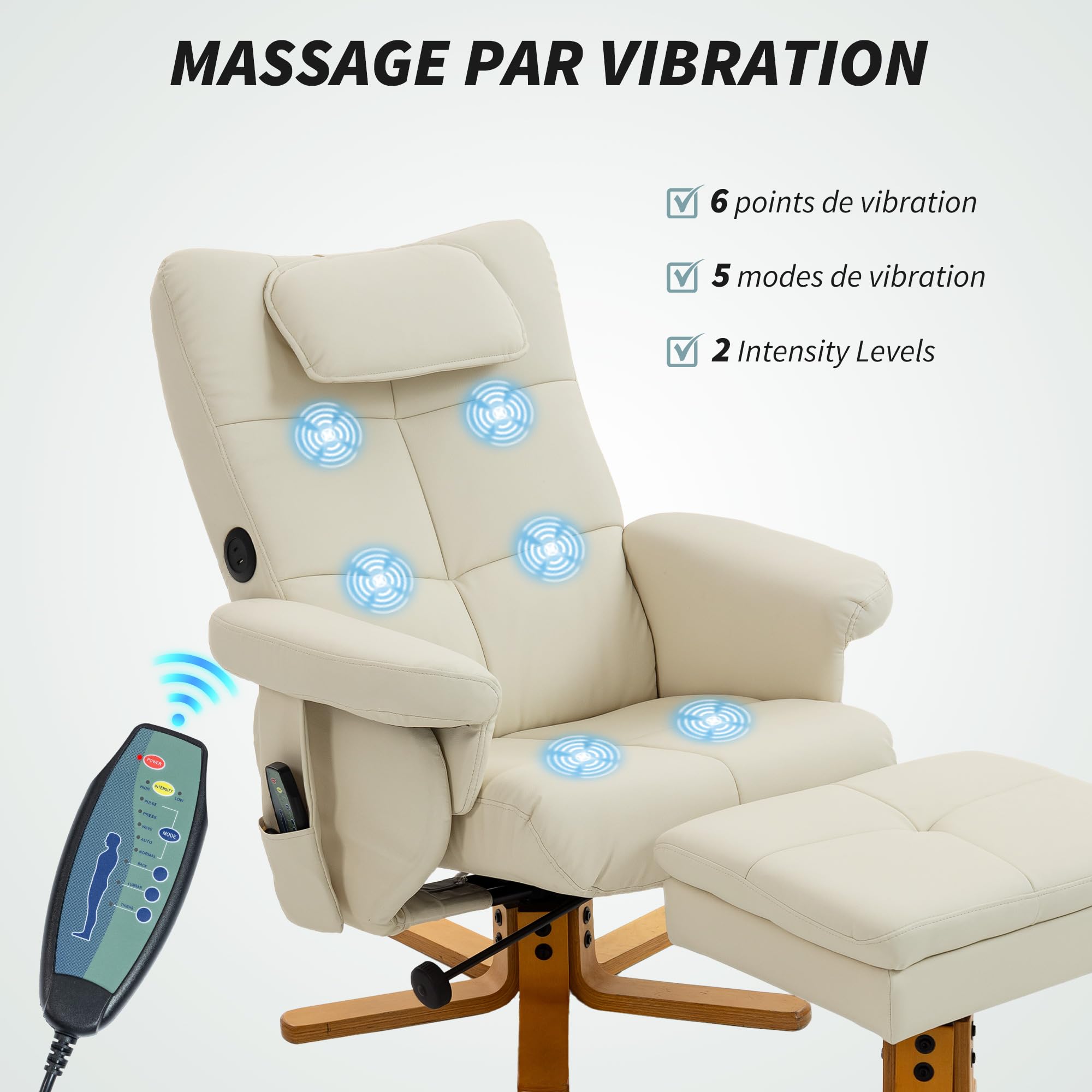 HOMCOM Fauteuil massant avec Repose-Pied Fauteuil Relax Salon - Dossier inclinable jusqu'à 135°, Coffre de Rangement, appuie-tête et télécommande - revêtement synthétique crème