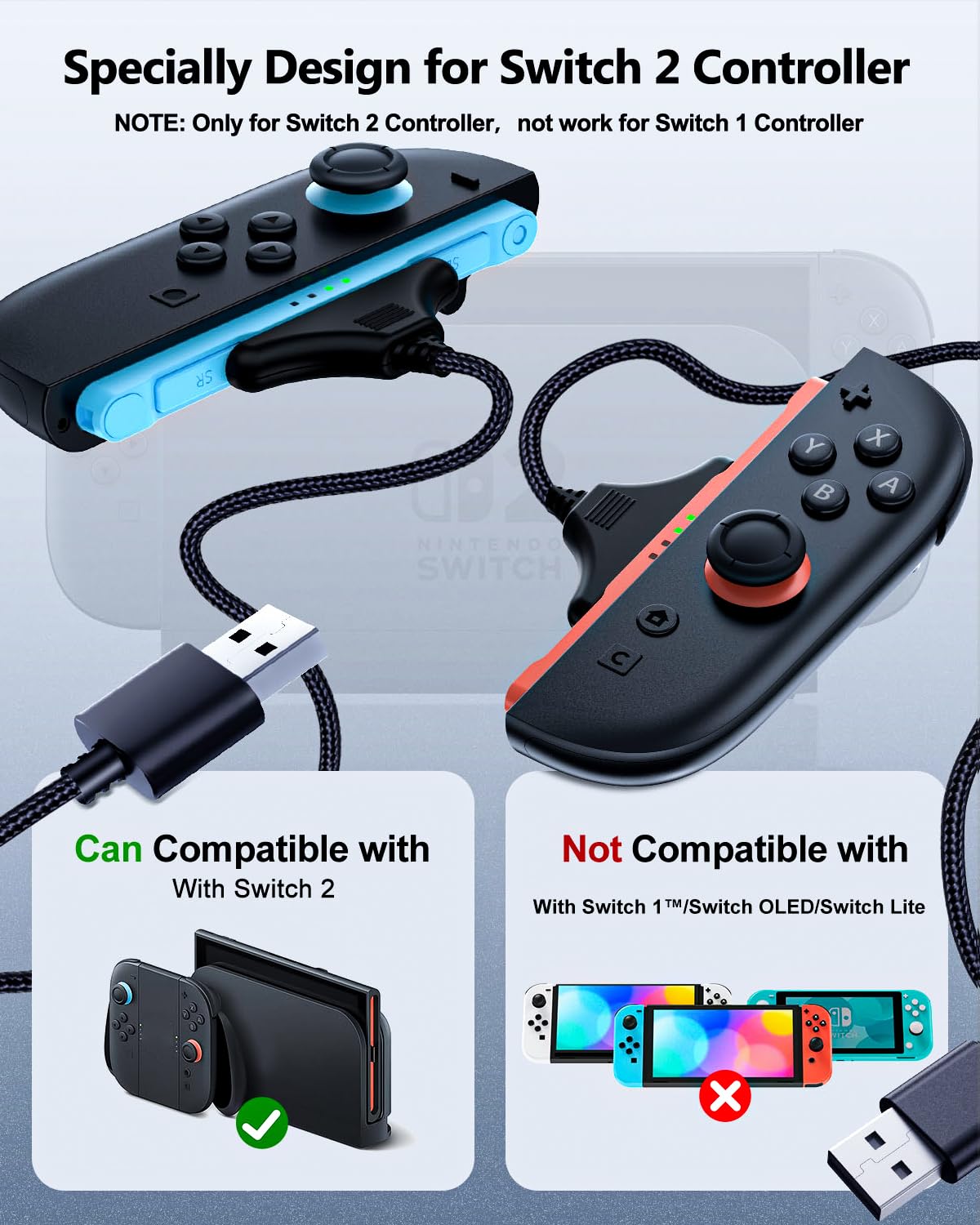[10FT/2Pacchetti] Cavo di ricarica magnetico per Nintendo Switch 2 JoyCon, accessori per il cavo di ricarica veloce per il Jcon 2 Porte USB intrecciate in nylon, ricarica ad alta velocità for Switch 2