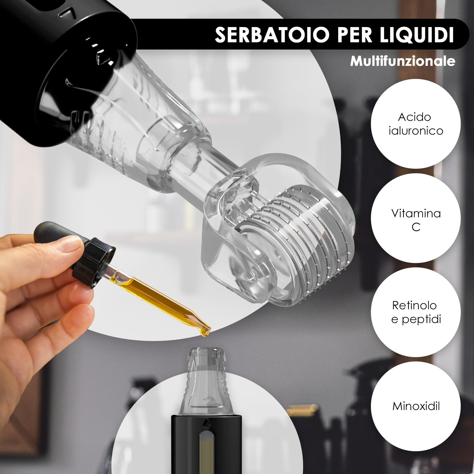 HAMINOS Derma roller 0,5 mm con Serbatoio per Capelli, Barba, Pelle, Rughe, Smagliature, Iperpigmentazione APPLICAZIONE DEL SIERO ISTANTANEO, 105 aghi in titanio