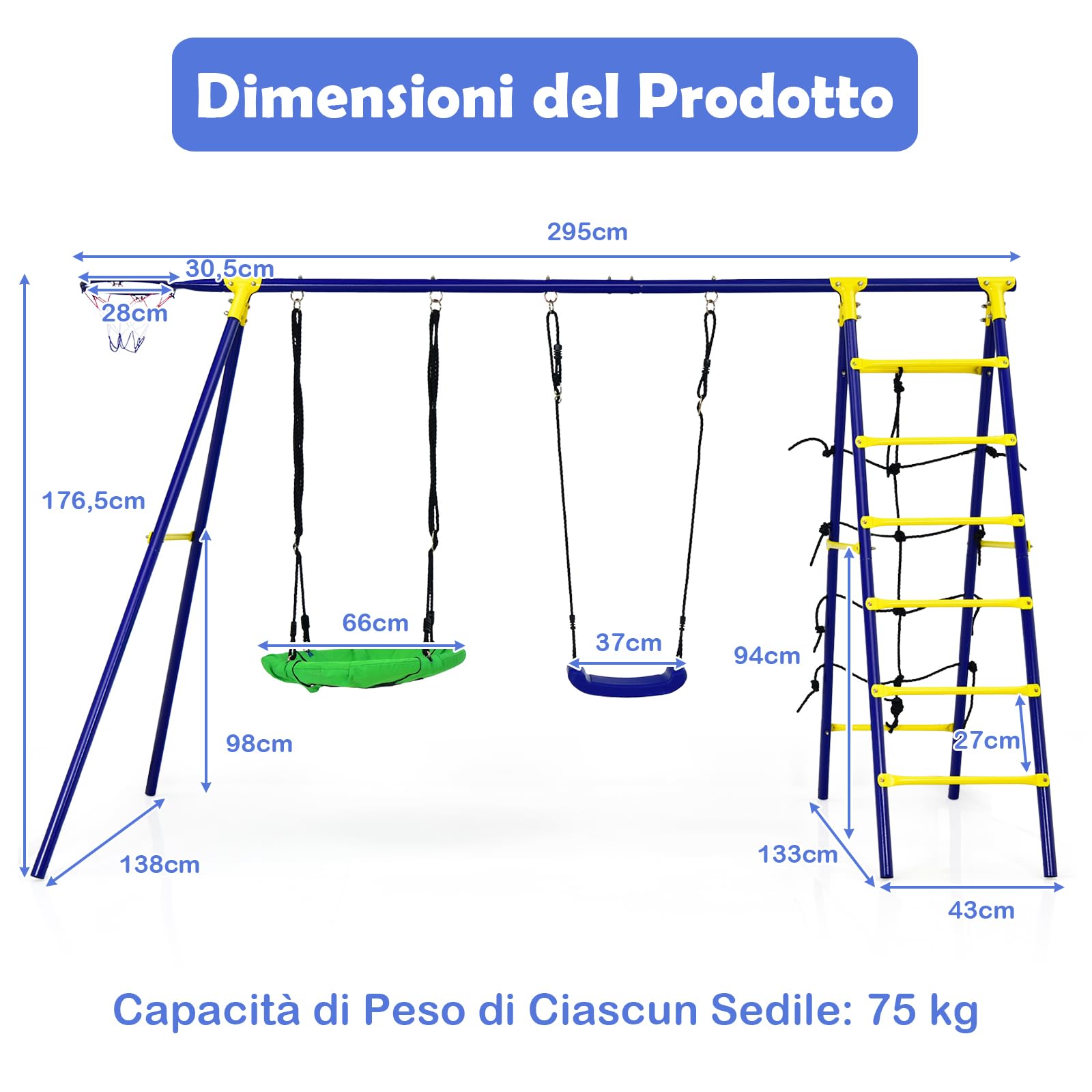COSTWAY Set Altalena da Giardino 5 in 1 per Bambini | 2 Altalene con Canestro da Basket e Scala di Arrampicata, Carico Massimo 75 kg, per Interno ed Esterno