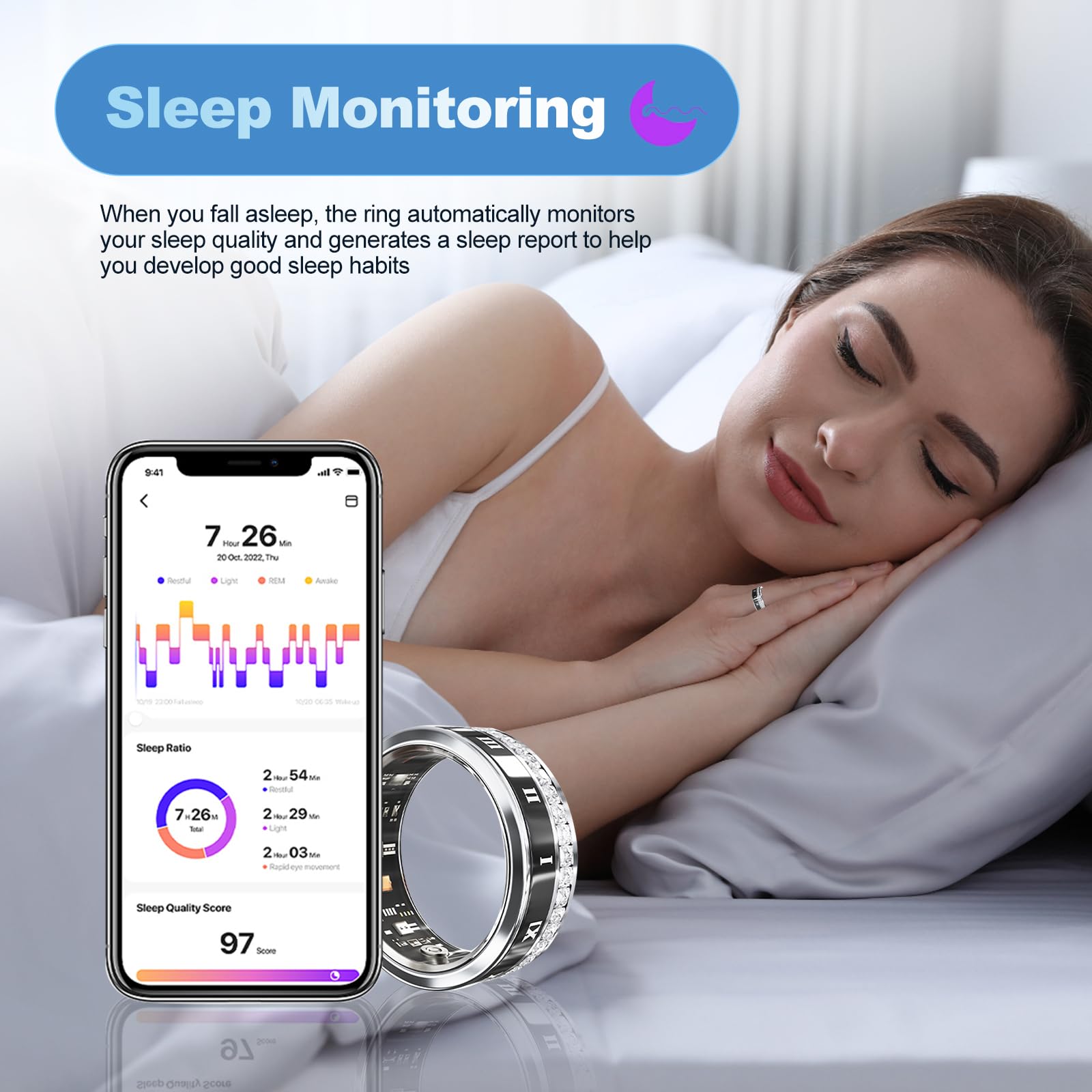 Anello Smart Health con diamanti incastonati per uomini e donne, fitness tracker con frequenza cardiaca, ossigeno nel sangue, pressione sanguigna, conteggio dei passi, monitoraggio del sonno