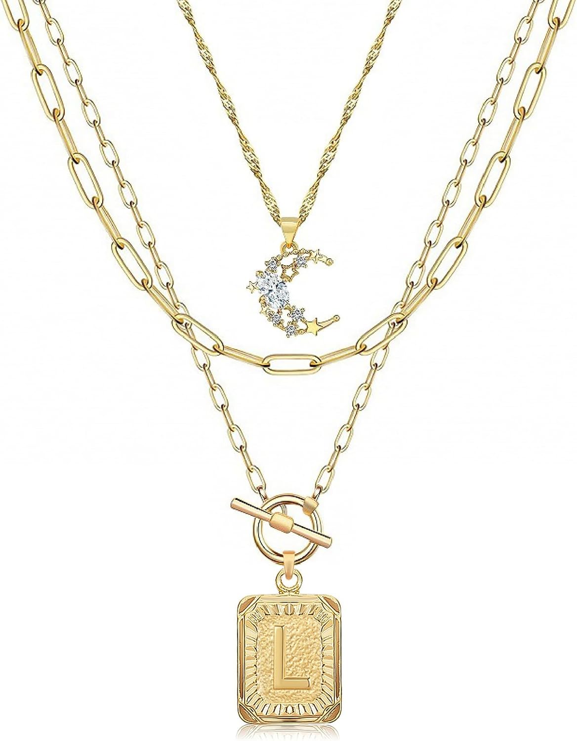 MJartoria Layered Initial Necklaces for Women Trendy, 14K Gold Plated Brass Simple Moon Choker Square Letter Pendant Necklace, Paperclip Chain Necklaces Jewelry Gifts