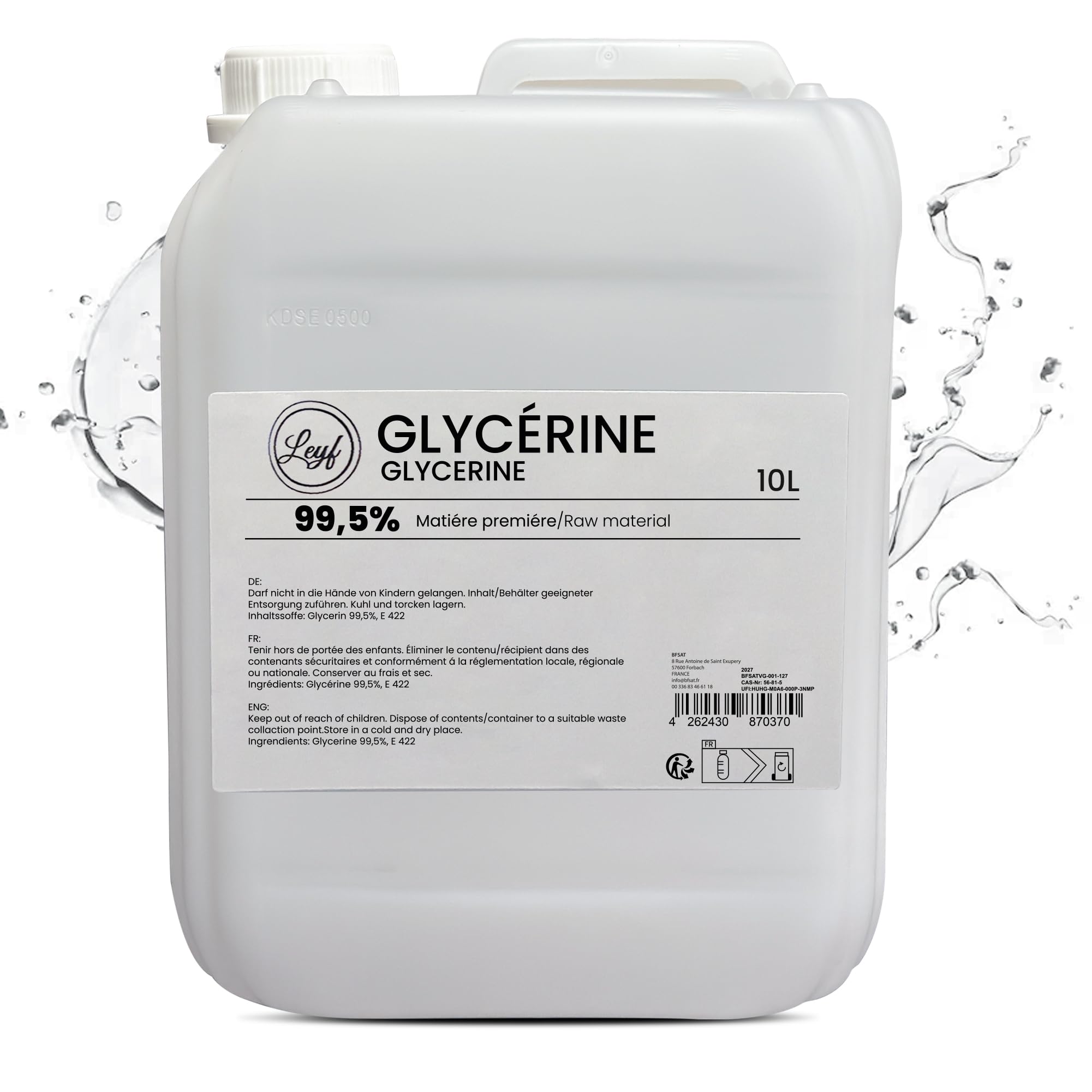 Leyf 10L Glycerin E422, Perfekt für DIY, Pharmaqualität 99,5% Reinheit, Lebensmittelqualität, Raw Material VG, Rein, Vegan, Ph. Eur/USP, 10000 ml