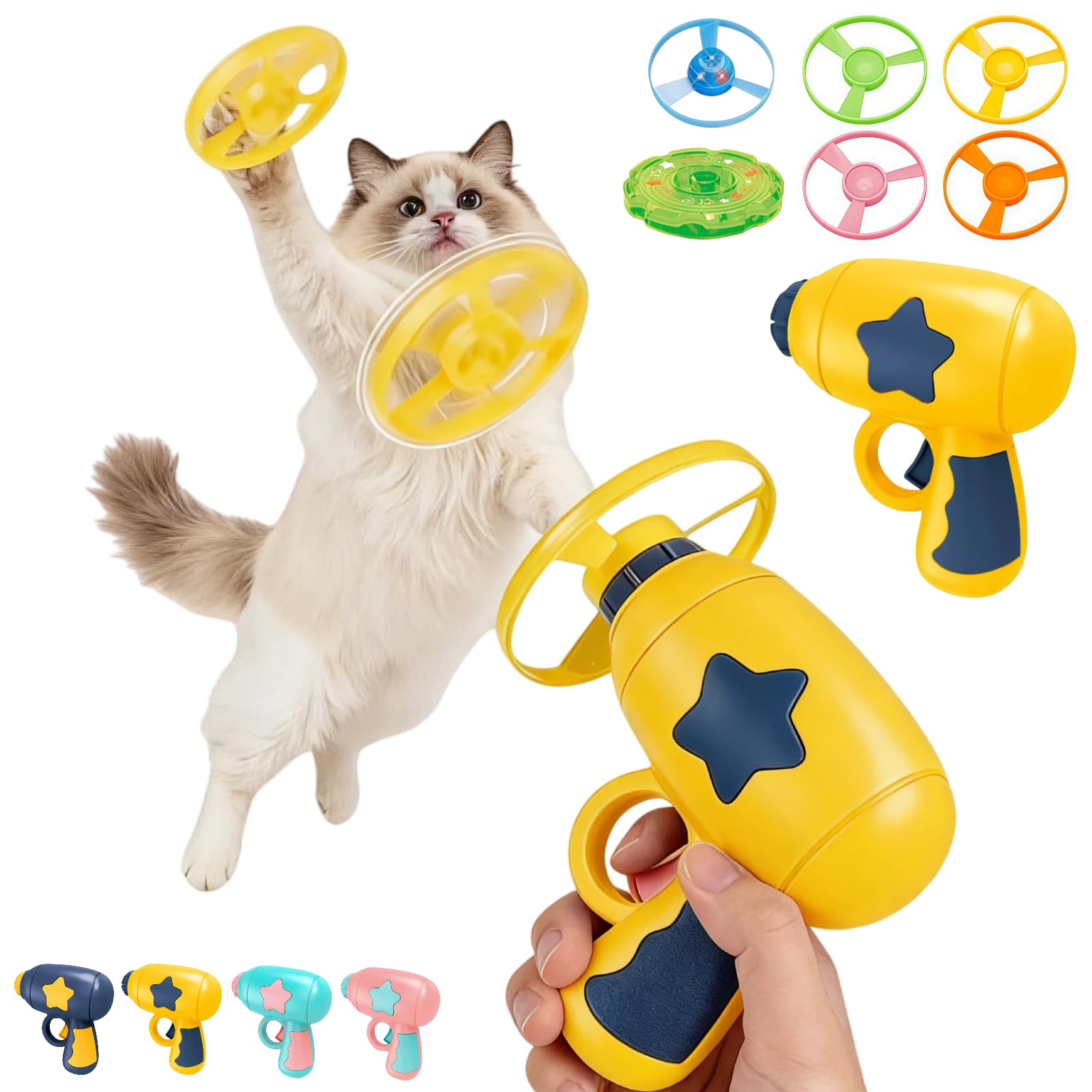 Cat Fetch Toy Launcher – Interactive Flying Disc Toy with Colorful Propellers, Bamboo Dragonfly Catapult, Indoor & Outdoor Chasing Game for Cats, Kitten Training & Play (Yellow)