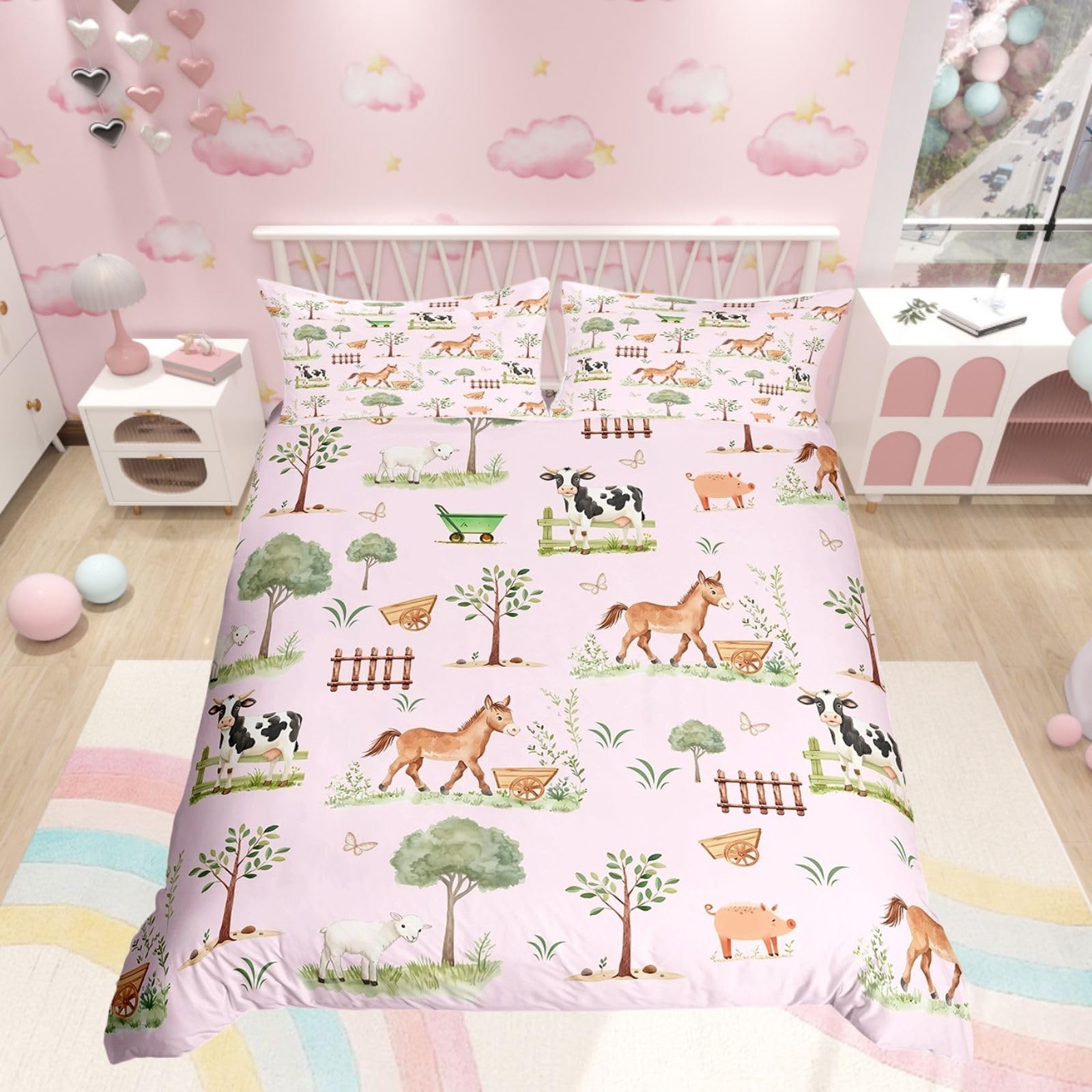 Homewish Farm Animals Duvet Cover Double, Girls Bedding Set Bedroom Decor