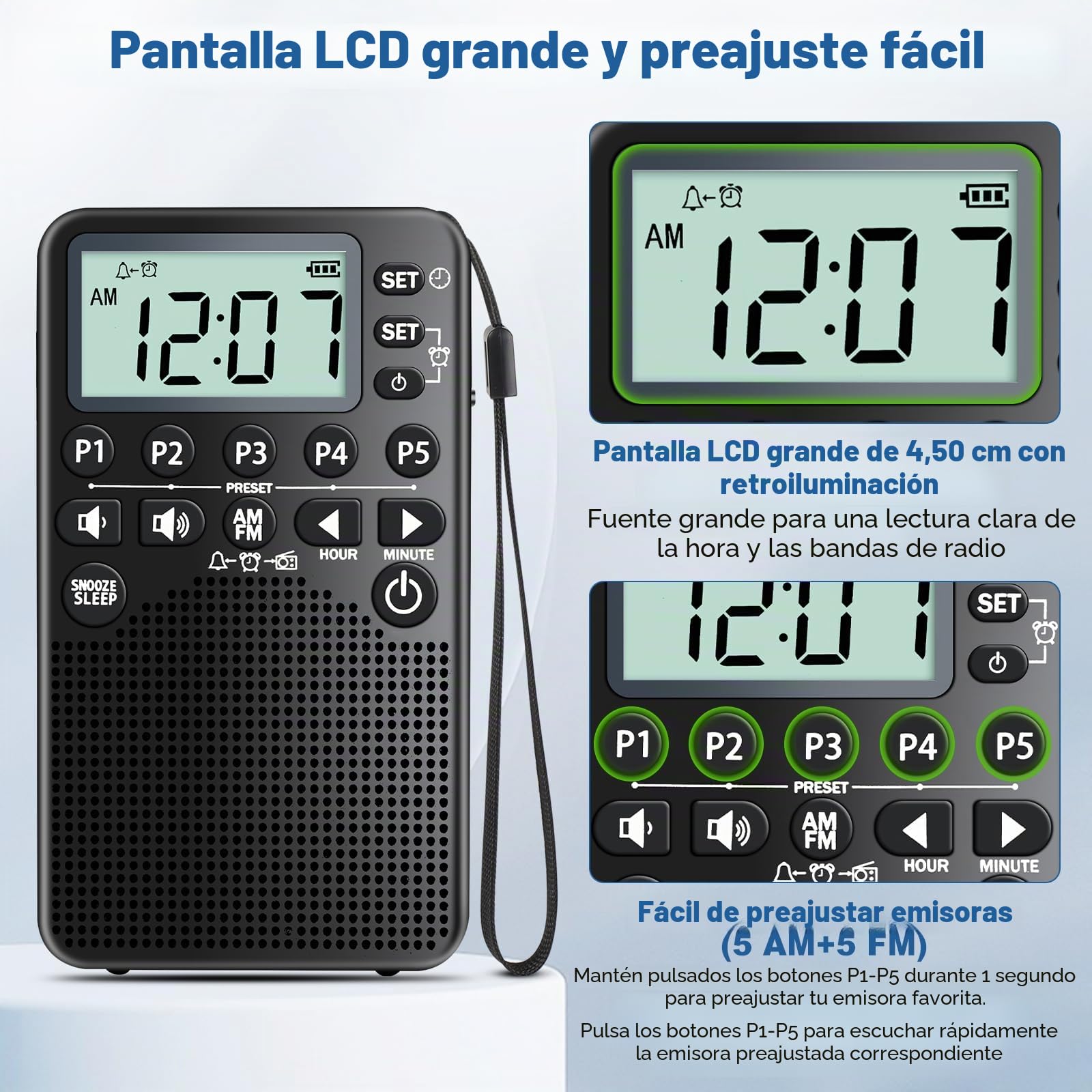 Radio Am/FM portátil de Bolsillo Que Funciona con Pilas, sintonización Digital, Altavoz Fuerte, excelente recepción, Radio portátil de Emergencia y Exterior con Pantalla LCD, Reloj Despertador
