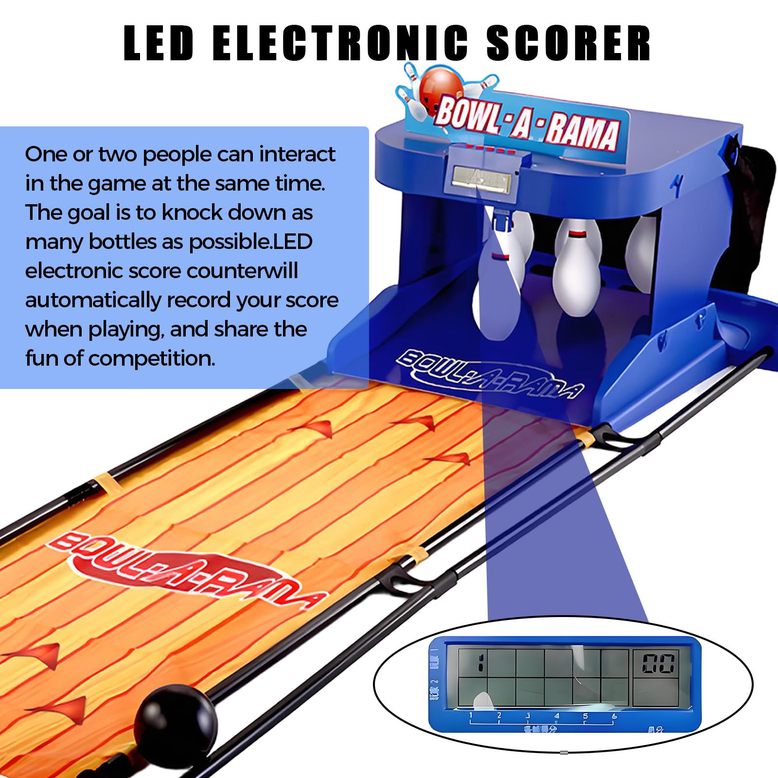 Gioco da bowling al coperto, gioco pieghevole per famiglie con reset automatico, effetti sonori e tabellone segnapunti a LED per divertimento interattivo