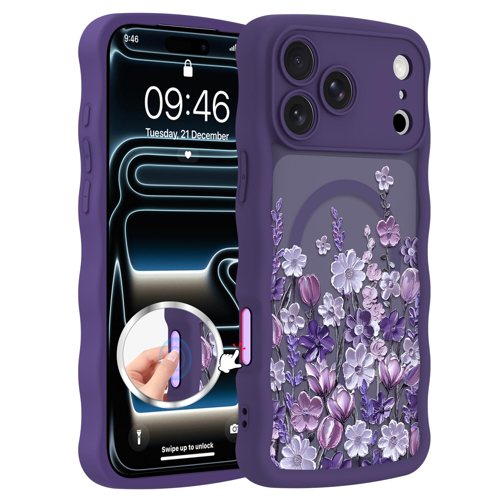 Custodia magnetica per iPhone 17 Pro ondulata da donna, viola scuro | [Compatibile con MagSafe] pittura a olio fiore con bordo ondulato, protezione completa della fotocamera, antiscivolo