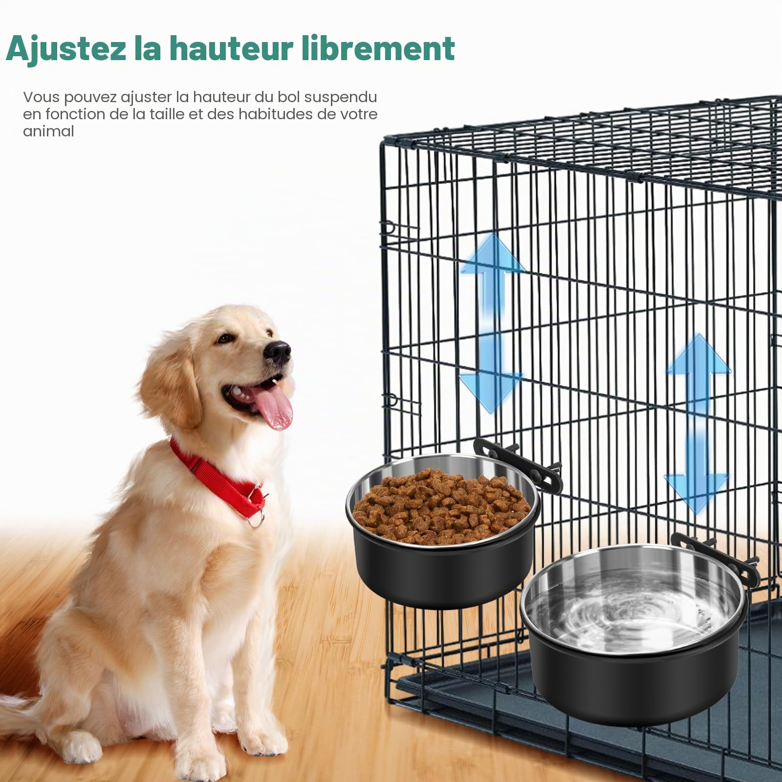Lot de 2 gamelles à Eau pour Chien sans déversement - Gamelles à Suspendre pour Cage de Chien - Gamelles de Niche à Monter - en Acier Inoxydable - pour Chat, Chiot, Lapin, Oiseau - pour Chiens de
