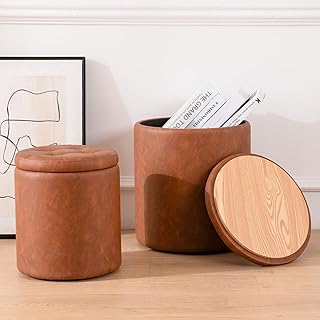 Round Ottoman with Storage Set of 2, Faux Leather Button Tufted Storage ...
