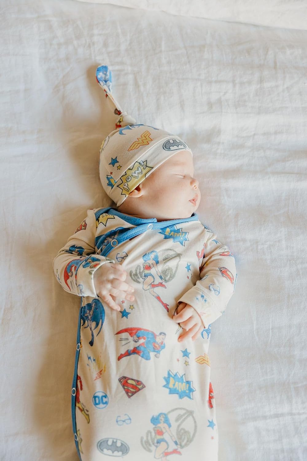 Copper Pearl Baby Gown - Knotted Newborn Sleepers for Baby Boy and Girl, Soft Stretchy Long Sleeve Infant Gowns with Bottom Tie and Hand Mittens, Perfect Hospital Coming Home Outfit (Justice League) - Image 5