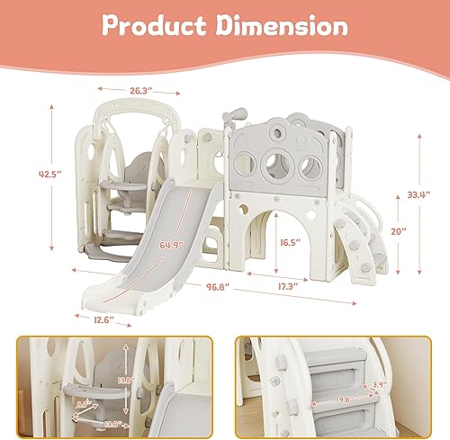 Miniatura 2 de Juego de tobogán y columpio 9 en 1 para niños pequeños de 1 a 3 años, para interiores y exteriores, con aro de baloncesto, telescopio